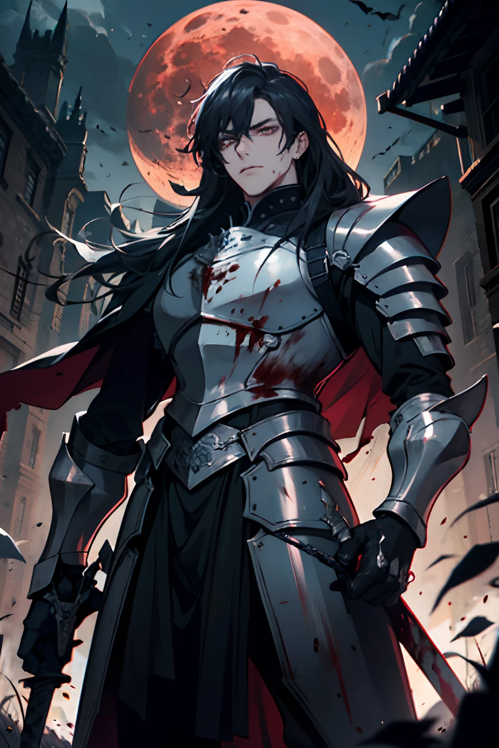 masterpiece, (dark:1.4), 1man holding sword, tall handsome man, royal knight, deep shadow, darkness, (under the moonlight, blood moon:1.3), award winning photo, extremely detailed, amazing, fine detail, absurdres, extremely detailed eyes and face, wearing black steel armor, DARK_Glam, wearing DRK_Glam, Dark Knight, from below view, full armored body focus, intimidating look,