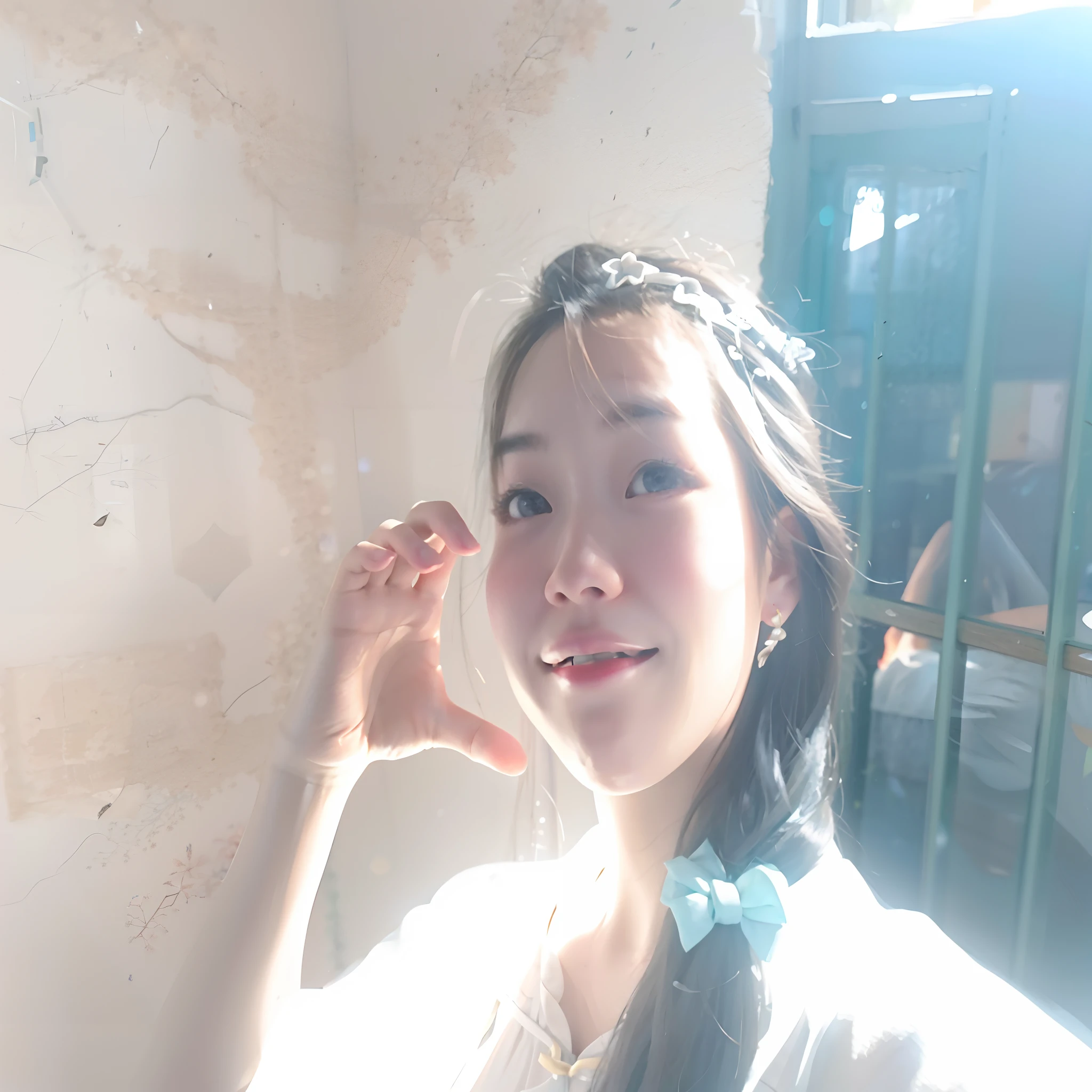 there is a woman that is standing in front of a window, xintong chen, wenfei ye, Li Zixin, jinyiwei, mingchen shen, very very low quality picture, Inspired by Tang Yifen, with the sun shining on it, Zhang Pengzhen, Yan, wenjun lin, zeng fanzh, 8k selfie photograph, Lin Qifeng
