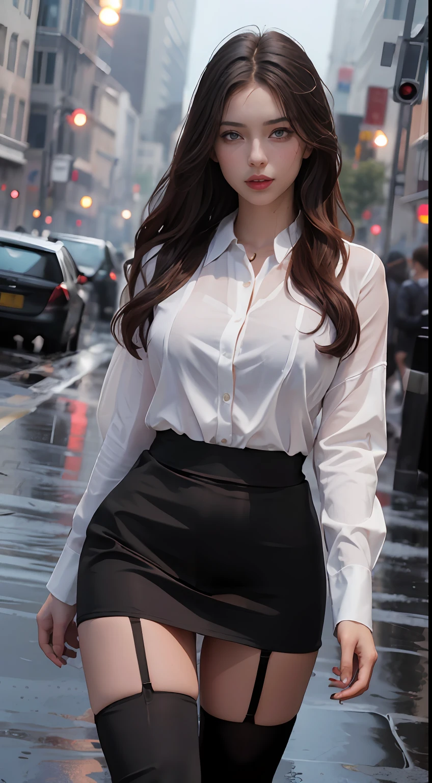 ((Realistic lighting, Best Quality, 8K, Masterpiece: 1.3)), Focus: 1.2, 1girl, Perfect Beauty: 1.4, Slim Abs: 1.1, (Big Breasts), (White Shirt: 1.4), (Outdoor, Night: 1.1), City Street, Super Fine Face, Fine Eyes, Double Eyelids, (Over the Knee Black Stockings: 1.5), (Wet in the Rain, Wet: 1.2)