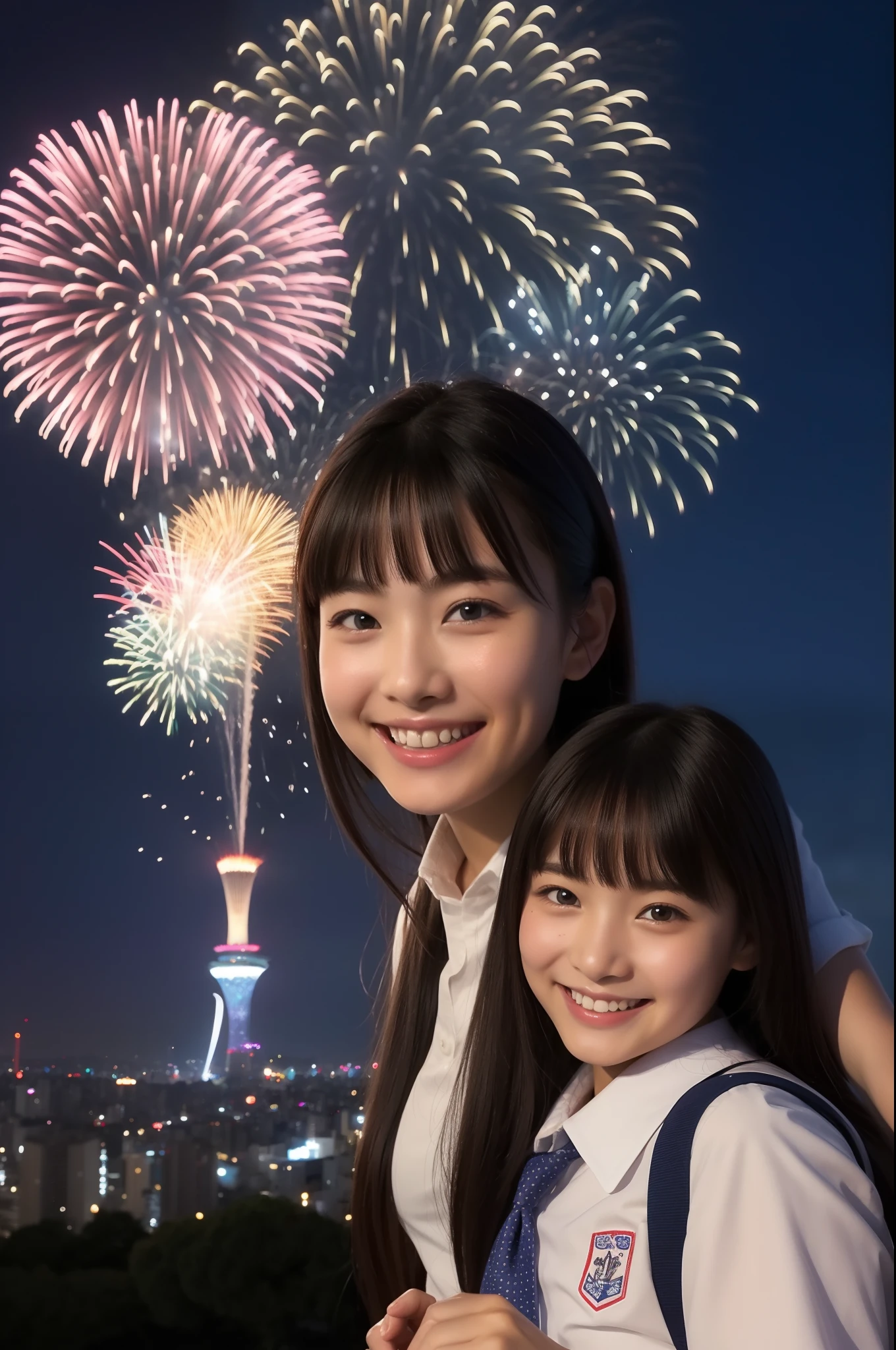 A smile、hi-school girl、校服、While doing fireworks、mare、Tokyo Skytree