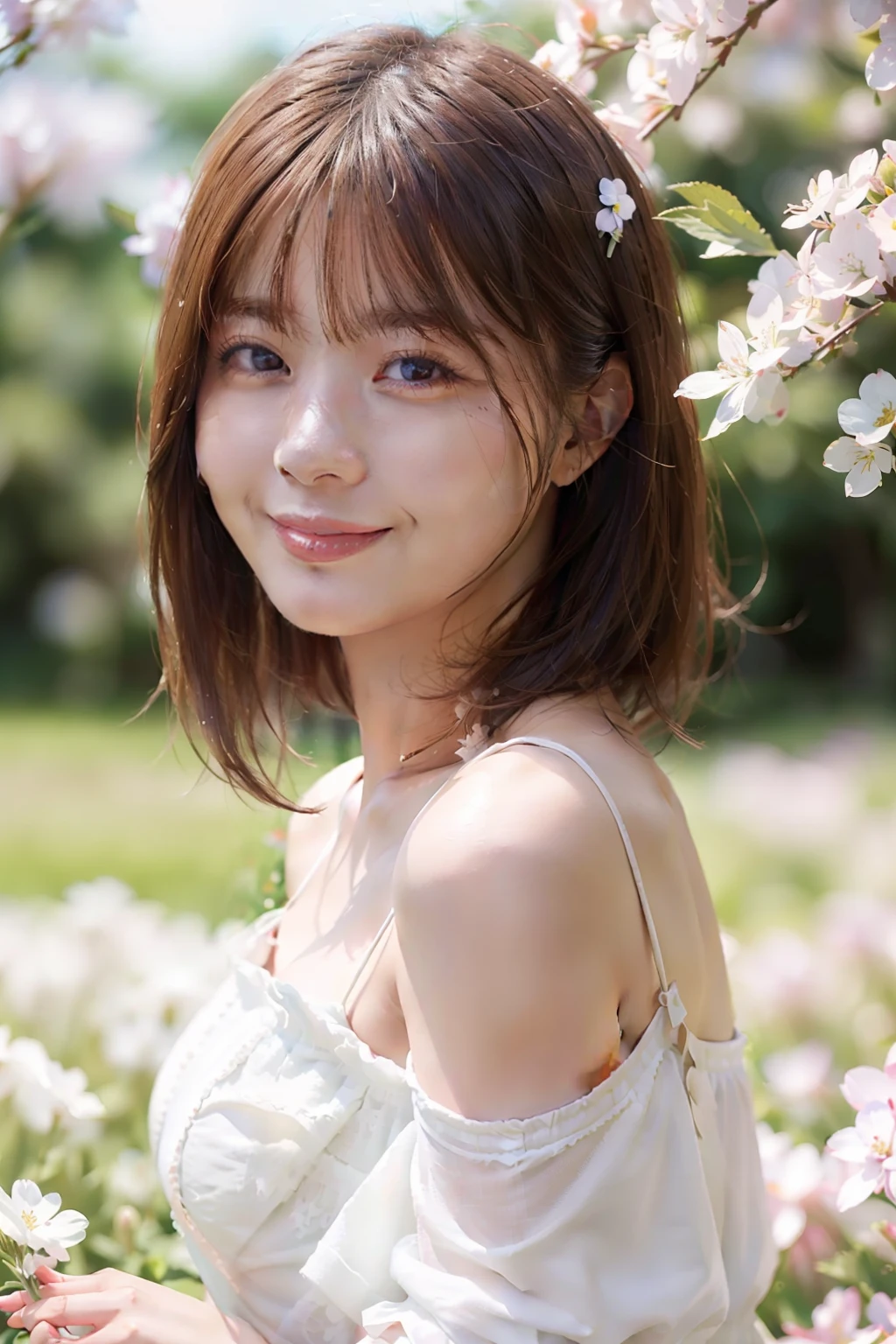 Best quality, masterpiece, ultra high res, (photorealistic:1.4), raw photo, 1girl, white dress, off shoulder, blossom flower field, glowing skin, light smile