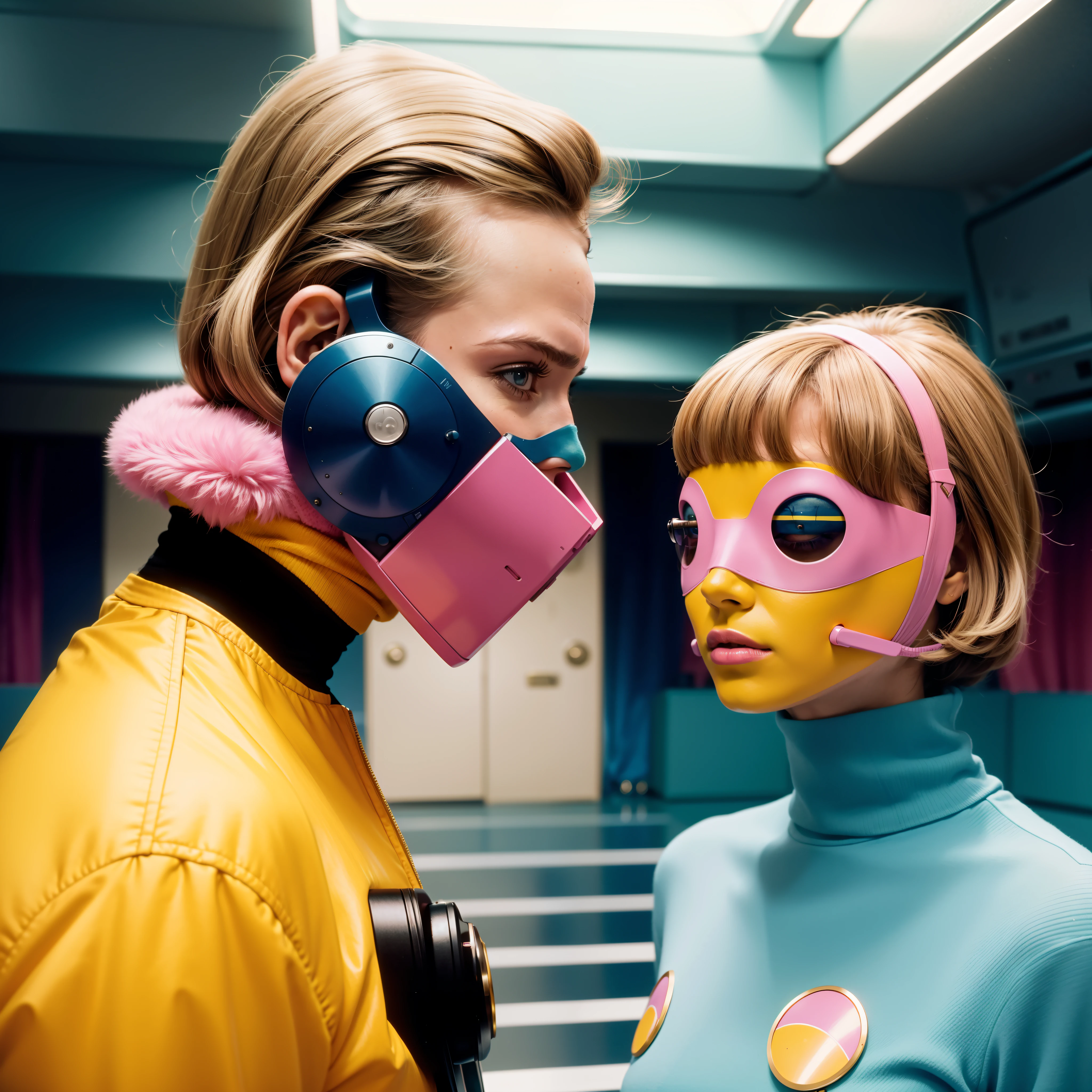 4k image from a 1970s science fiction film, imagem real, Estilo Wes Anderson, pastels colors, a man between two women wearing retro-futuristic fashion clothes and futuristic technological ornaments and devices, Luz Natural, cinemactic, Psicodelia, futurista estranho, retro-futurista,