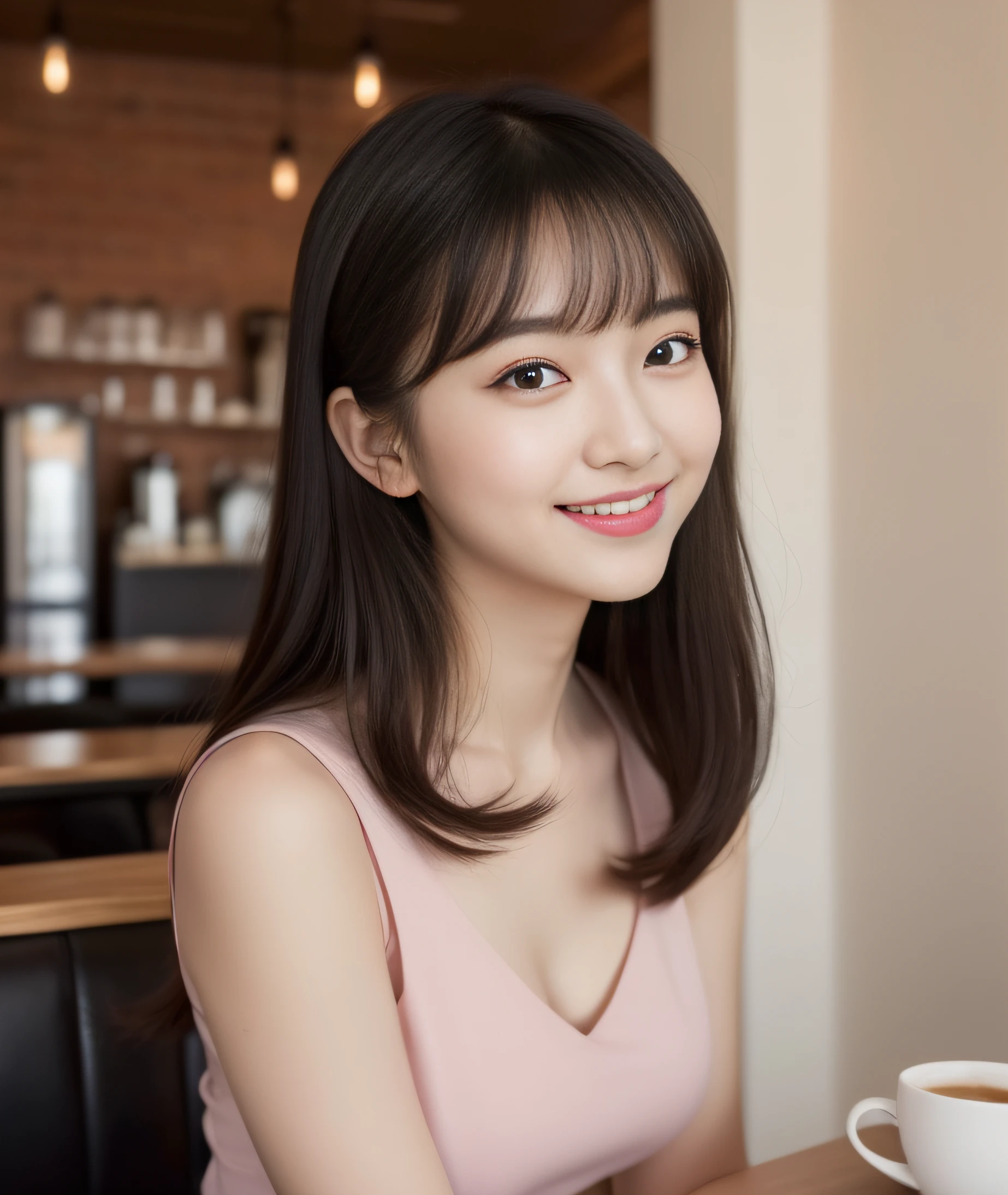 ((best quality, 8K, masterpiece: 1.3)), beautiful girl, pure, melon face, kind and cute, sweet smile, pure desire, slender body, (front), (tilted head), ((looking at camera) ), wearing a Dark pink suit, black silky medium hair, long flowing shoulders, round black big eyes, clear big eyes, moist red lips, sweet, sitting in a cafe, cafe background , (((whole body))),