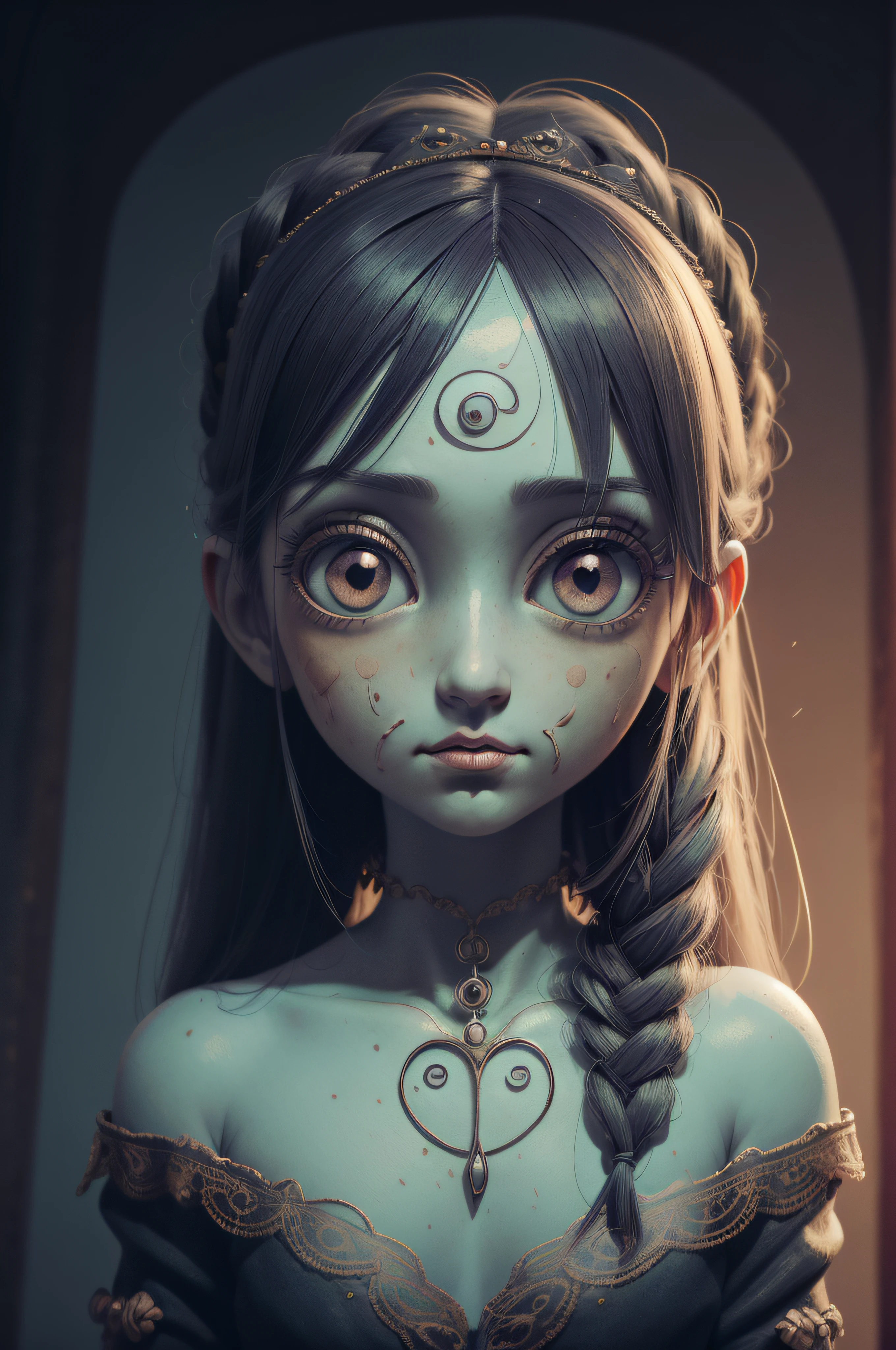((retrato: 1girl))estilo pixar, Somber, Negativo, torcido, weird, (Super-detailed large doll eyes), (((desnuda))), pintura de salvador dali,Pero Tim Burton, (pintura, Obra maestra, alta calidad), plus a sad girl, and delicate details that accentuate its beauty, Pinceladas fuertes, colores suaves, Soft lighting, Fondo borroso y bokeh suave.'Texturas 8K, Detalle extremo, Textura de piel altamente detallada, illustration, dibujos animados, anime! epic details, Alta nitidez