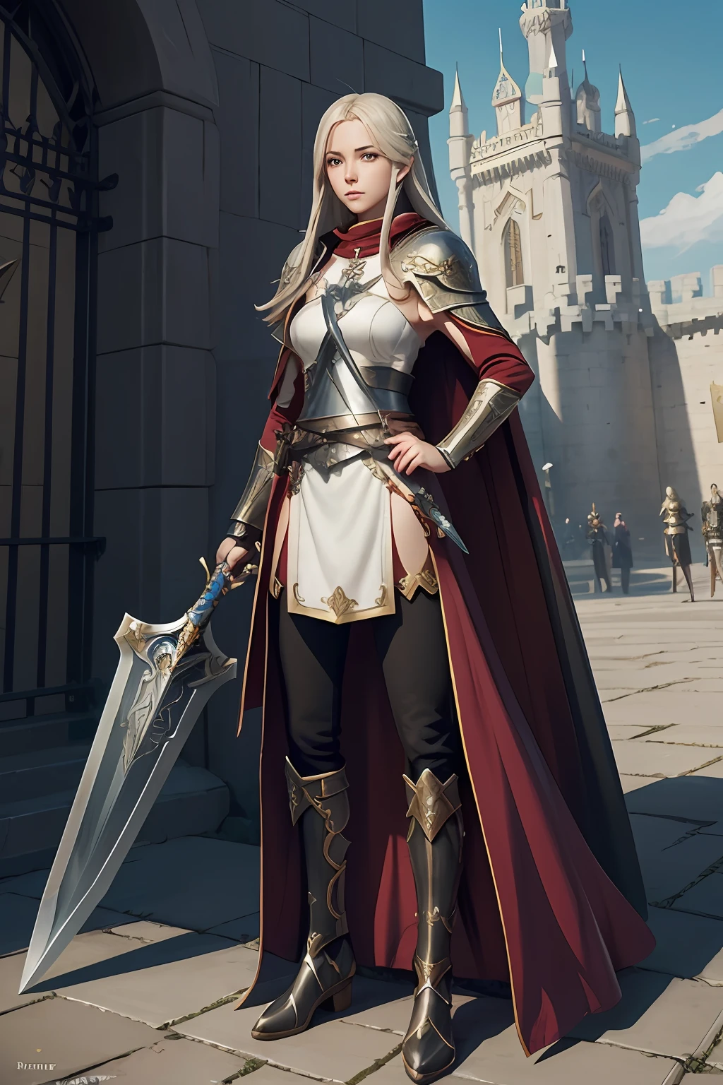 full body view of young female with sword and cape holding sword in hand, In front of the gate of the royal castle, official character art, young female, pretty female cleric, fus rei, cushart krenz key art feminine, female cleric, she is holding a sword, gorgeous female paladin, ( ( character concept art ) ), portrait of a female anime hero, ashe
