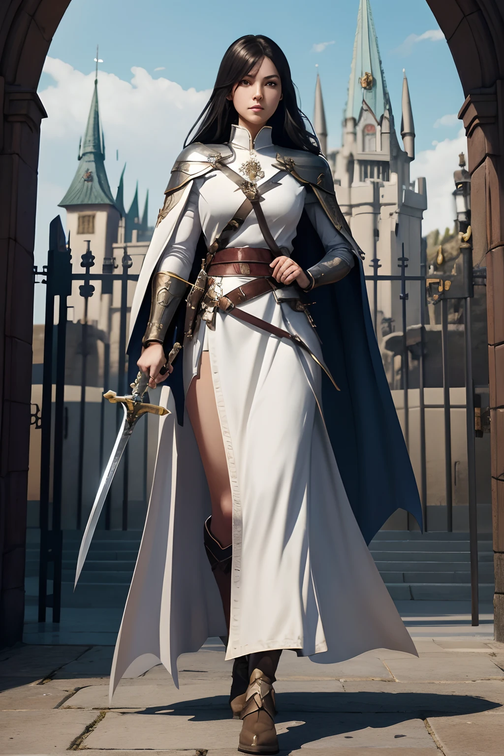 full body view of young female with sword and cape holding sword in hand, In front of the gate of the royal castle, official character art, young female, pretty female cleric, fus rei, cushart krenz key art feminine, female cleric, she is holding a sword, gorgeous female paladin, ( ( character concept art ) ), portrait of a female anime hero, ashe