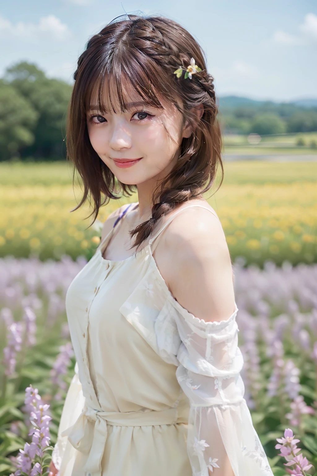 top-quality、masterpiece、超A high resolution、(Photorealsitic:1.4)、Raw photo、1人、robe blanche、off shoulders、flower field、glistning skin、Light smile、Braided hair、Floating hair