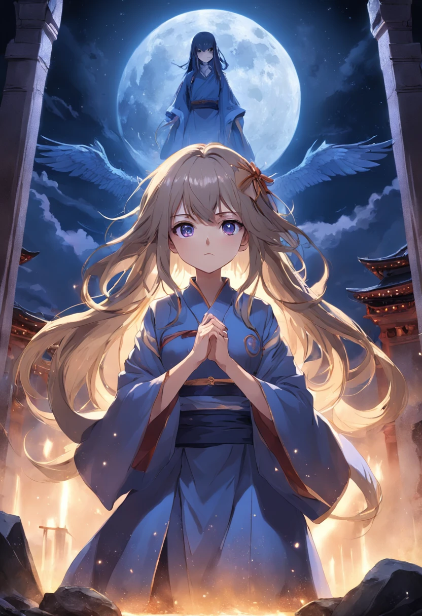 the night，under moonlight，Lena completes the summoning ceremony in front of the ancient temple。The divine moon appears，Her eyes are full of determination and strength。