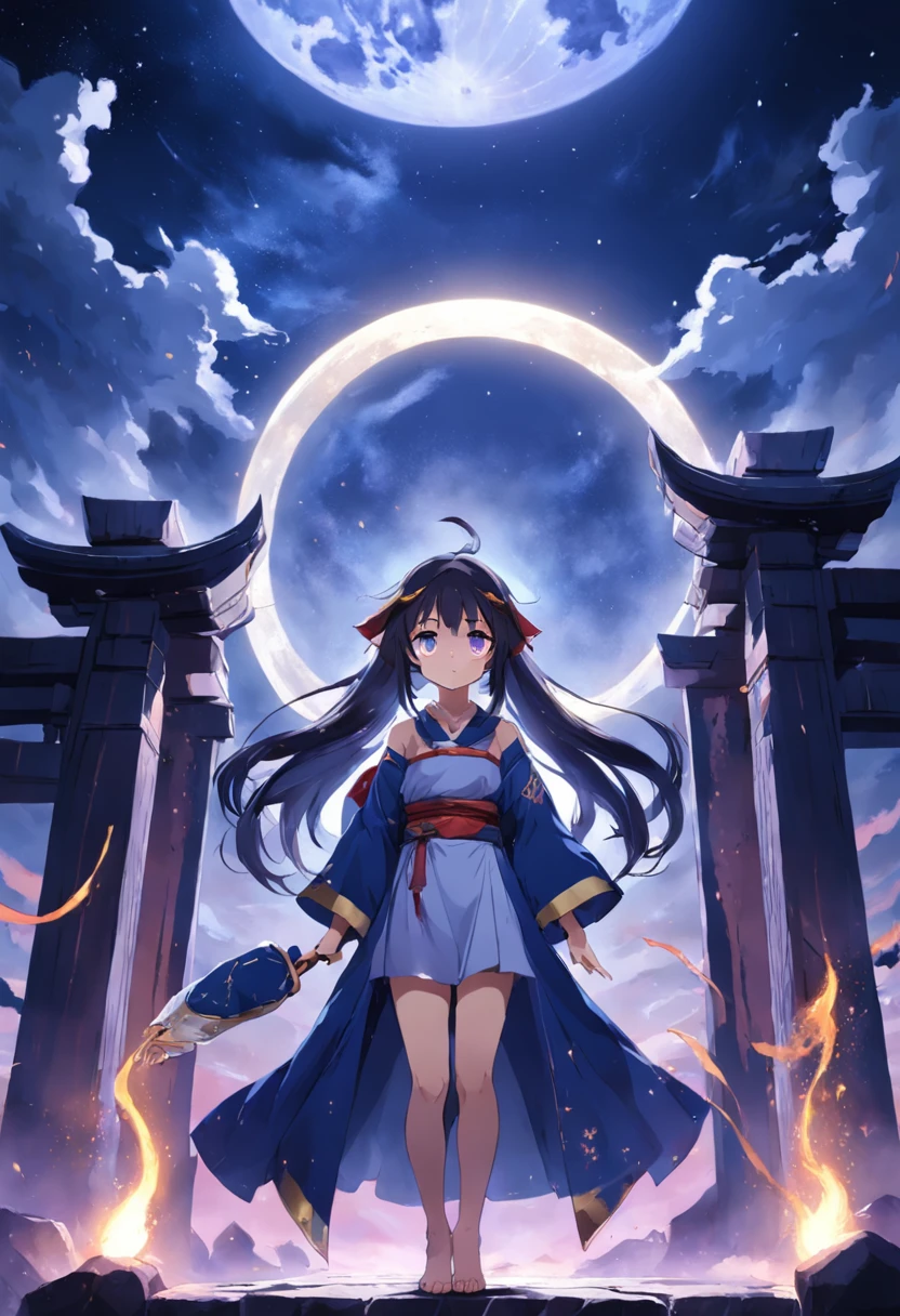 the night,under moonlight,Lena completes the summoning ceremony in front of the ancient temple。The divine moon appears,Her eyes are full of determination and strength。