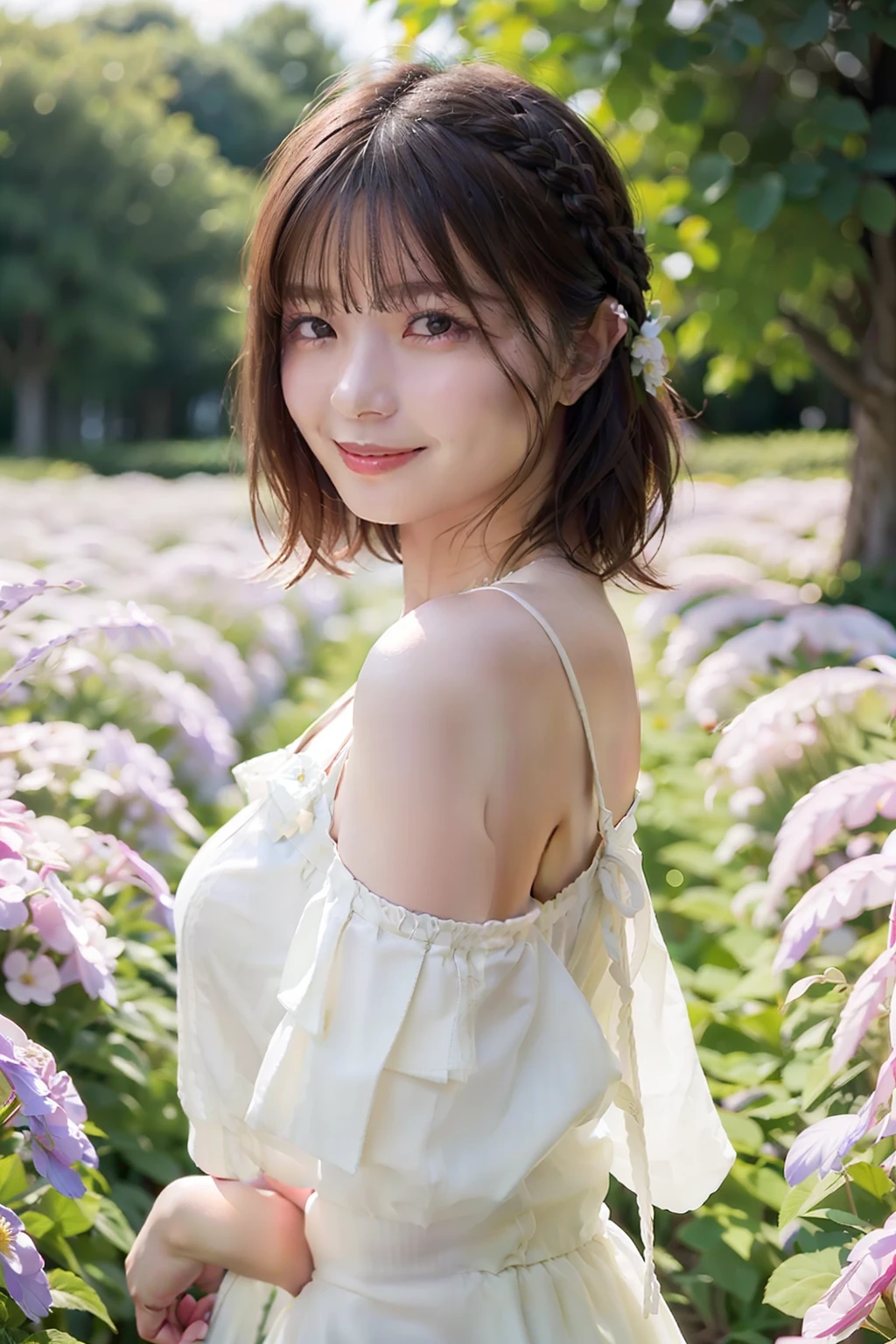 top-quality、masterpiece、超A high resolution、(Photorealsitic:1.4)、Raw photo、女の子1人、robe blanche、off shoulders、flower field、glistning skin、Light smile、Braided hair、Floating hair