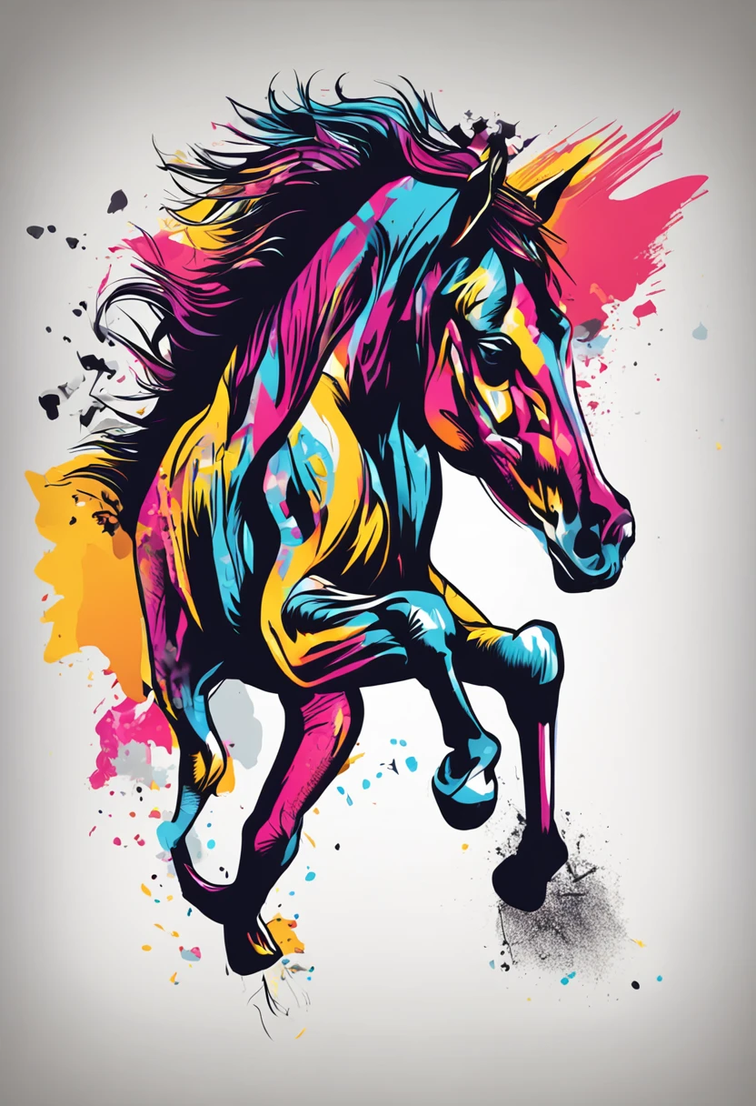 A t-shirt with vector art, downtown, colorful illustration of black horses, downtown, swirly vibrant colors, paint splashes and smears, high détail,White background, (work of art, best qualityer, proffesional, perfect composition, very aesthetic, absurdrez, super verbose, details Intricate:1.3)