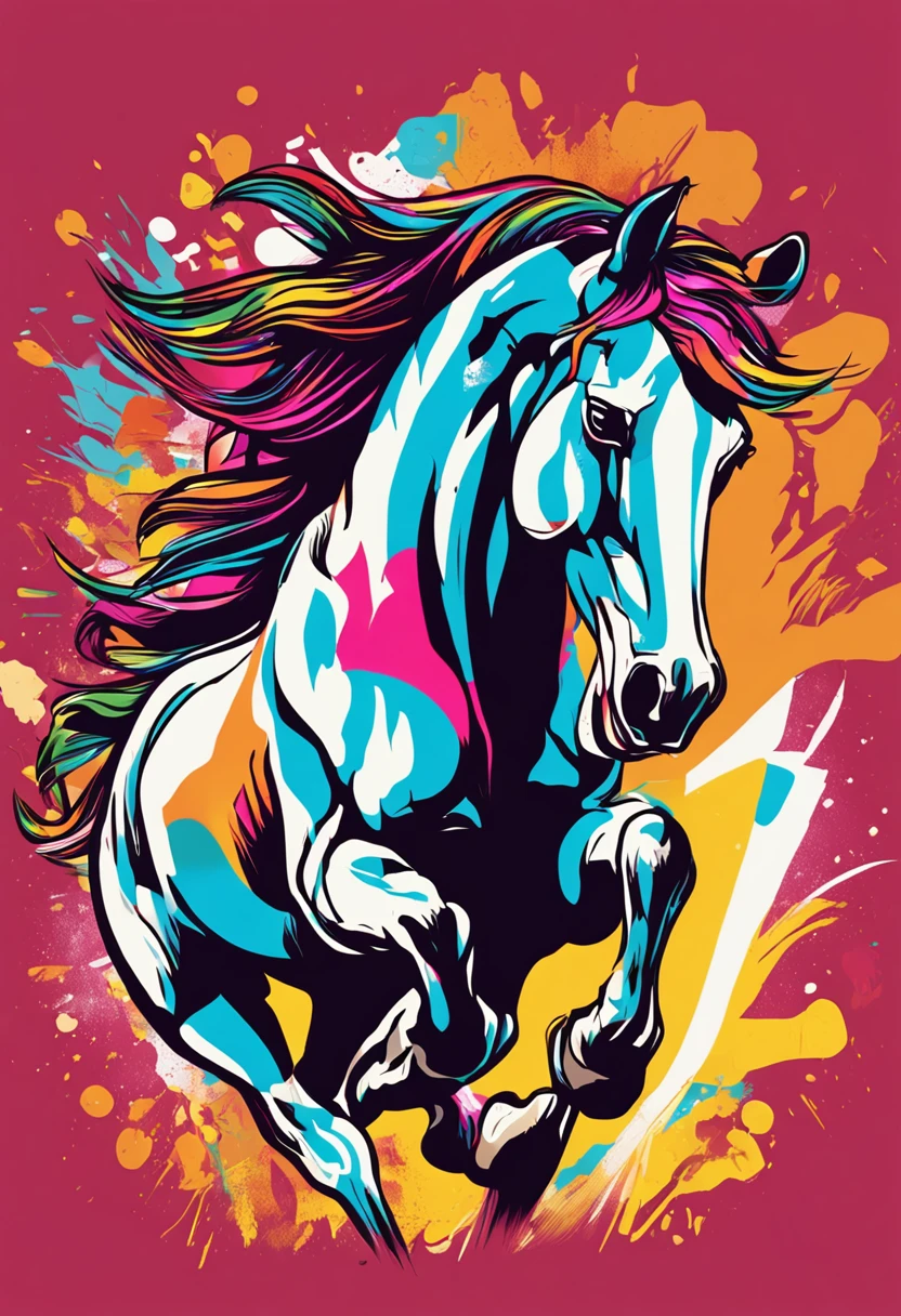 vector t-shirt art ready for print colorful graffiti illustration of a horse, frontal perspective, action shot, vibrant color, high detail