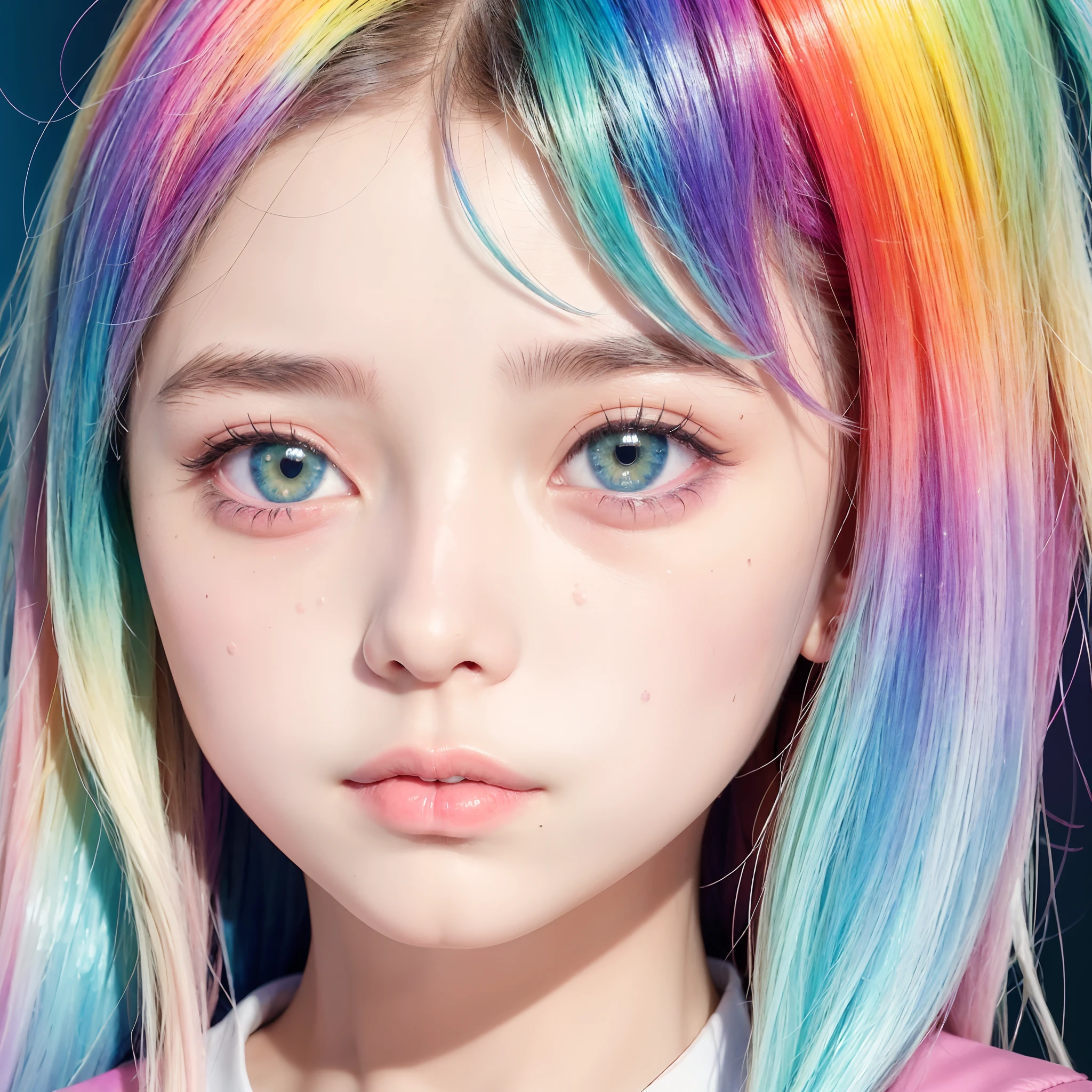 (masterpiece, highest quality, highest quality, watercolor art (pendant), official art, beautiful and aesthetic, (1.2), (1 girl: 1.3), (fractal art: 1.3), full body, star-shaped pupil, , pattern, ((iridescent hair, colorful hair, half blue and half pink hair: 1.2)), (school uniform), colorful, glasses, writing, heterochromia, (colorful: 1.5), ((rainbow sky)), sun, (embarrassed face)