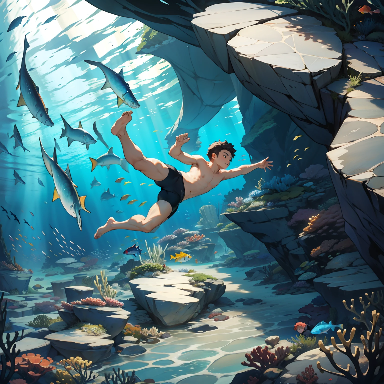 A boy swims at the bottom of the sea，Small fish
