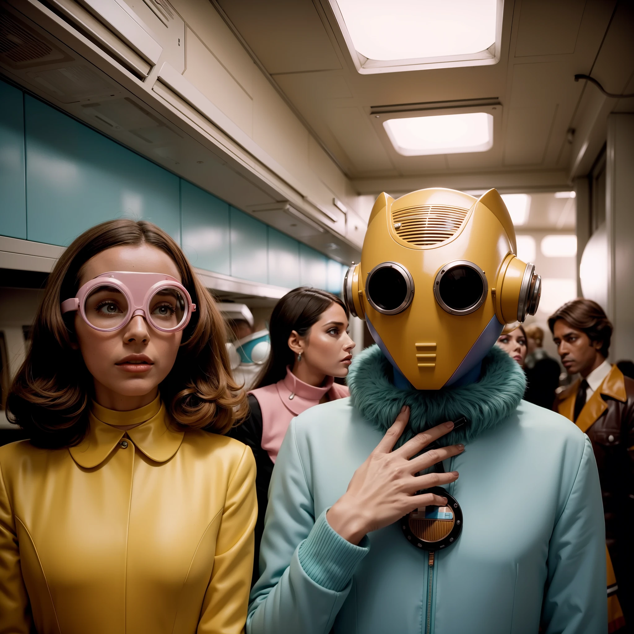 4k image from a 1970s science fiction film, imagem real, Estilo Wes Anderson, pastels colors, a man between two women wearing retro-futuristic fashion clothes and futuristic technological ornaments and devices, Luz Natural, cinemactic, Psicodelia, futurista estranho, retro-futurista,