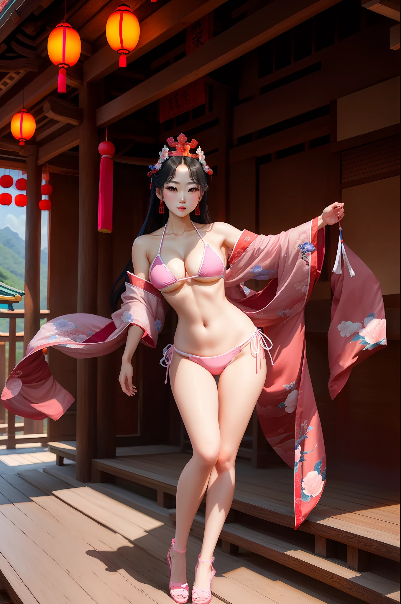 best qualtiy,tmasterpiece,The king glorifies Gongsun from the beautiful face,Wearing a light pink three-point bikini,Bust photo,splits legs,Light pink skin,Large breasts。