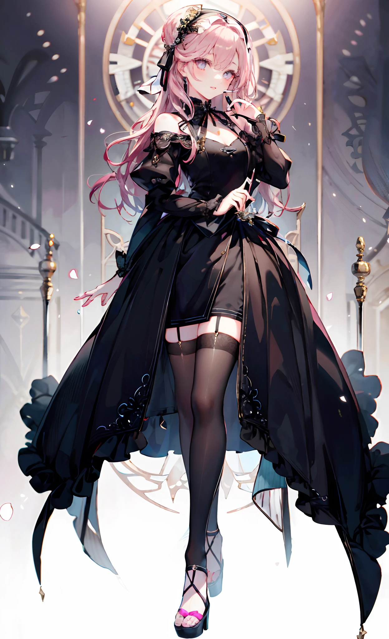 (Complete head:1.9),meticulous portrayal of face,1 noblewoman,a matural female,Black dress long dress,(black lence stockings+),High-heeled ribbon sandals,(Black stocking feet),Pink White Long Hair,Prom background, Perfect body, s the perfect face, perfect hand, Perfect Finger, Perfect lips, perfect eyes, Perfect background