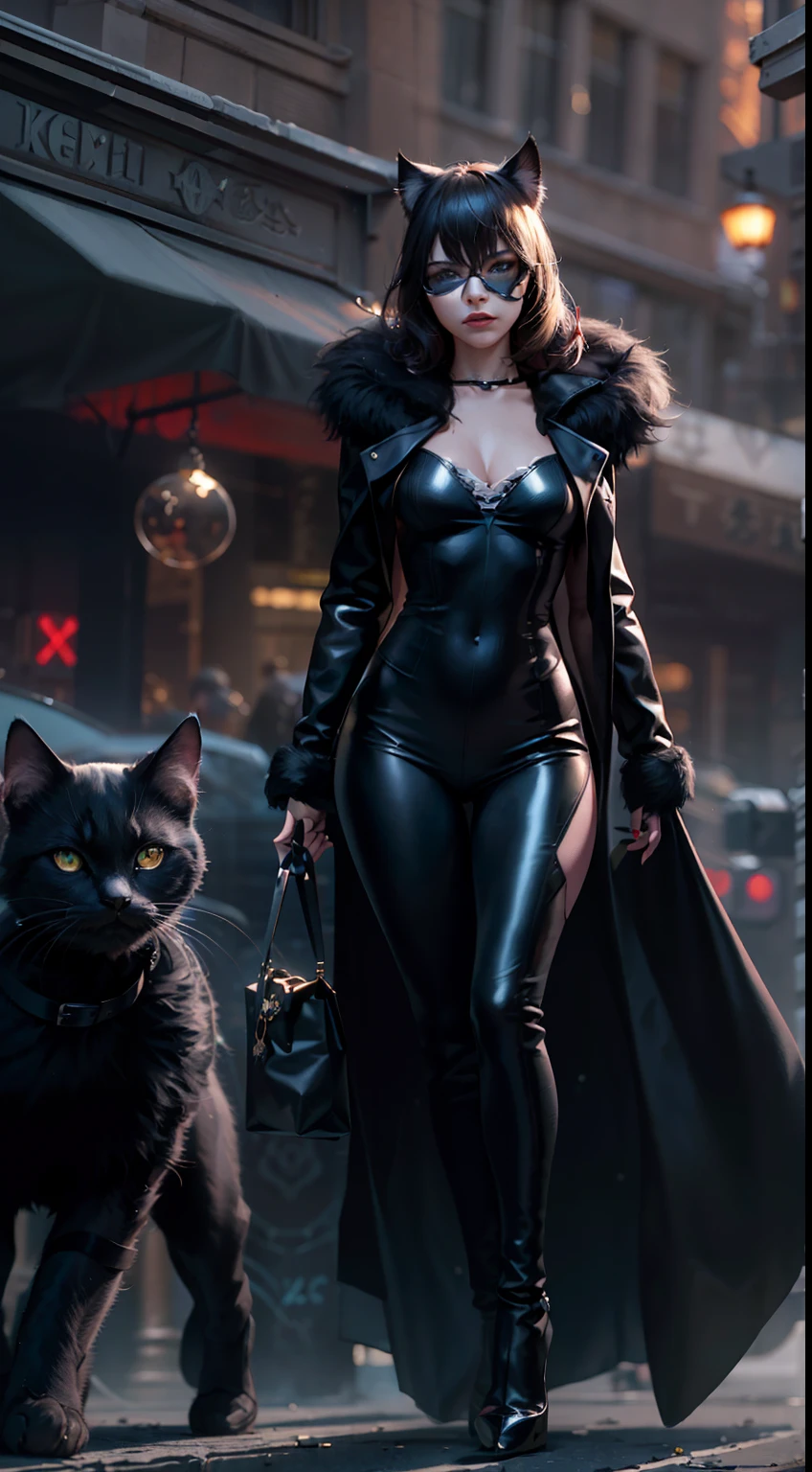 Background Gotham City,Batman Catwoman in a black suit stands in the middle of the city, Extremely detailed Artgerm, Catwoman, Catwoman, Style Artgerm, wojtek fus, cgsociety - w 1 0 2 4 - n 8 - i, IG model | Art germ,(realisticlying:1.2),(hentail realism),(tmasterpiece:1.2),(best qualtiy),(Hyper-detailing),(8K,4K,复杂),(full body shot shot:1),(85mm),Particle light,illuminating,(high detal:1.2),(Detailed face:1.2),largeeyes,beautiful goddess woman,putting makeup on,s the perfect face,Perfect lighting,1girll,DC Super Hero Movie,Catwoman in Batman,neko girl,brunette color hair,(Catwoman Selina Kyle),short detailed hair,(Hands stretch out sharp claws),Death glow,Serious look, cat paws,Hand with long claws outstretched,The whole body is wrapped in a fur coat,tight leather clothes,Sexy set,(Openwork onesies),high-heels,Thin waist and thick hips,long leges,medium boob,(Glowing skin),Glowing skin,The wind blows to the top,White aura of power,green pupills,Gravel background,Broken ground,Full moon in downtown Gotham,(finelydetailedskin:1.3),cinematric light,edge lit,超高分辨率,Best shadow,delicated,octanerender,unreal-engine,Stroll through the high-rise buildings of Gotham City,Maintain a fighting stance,
