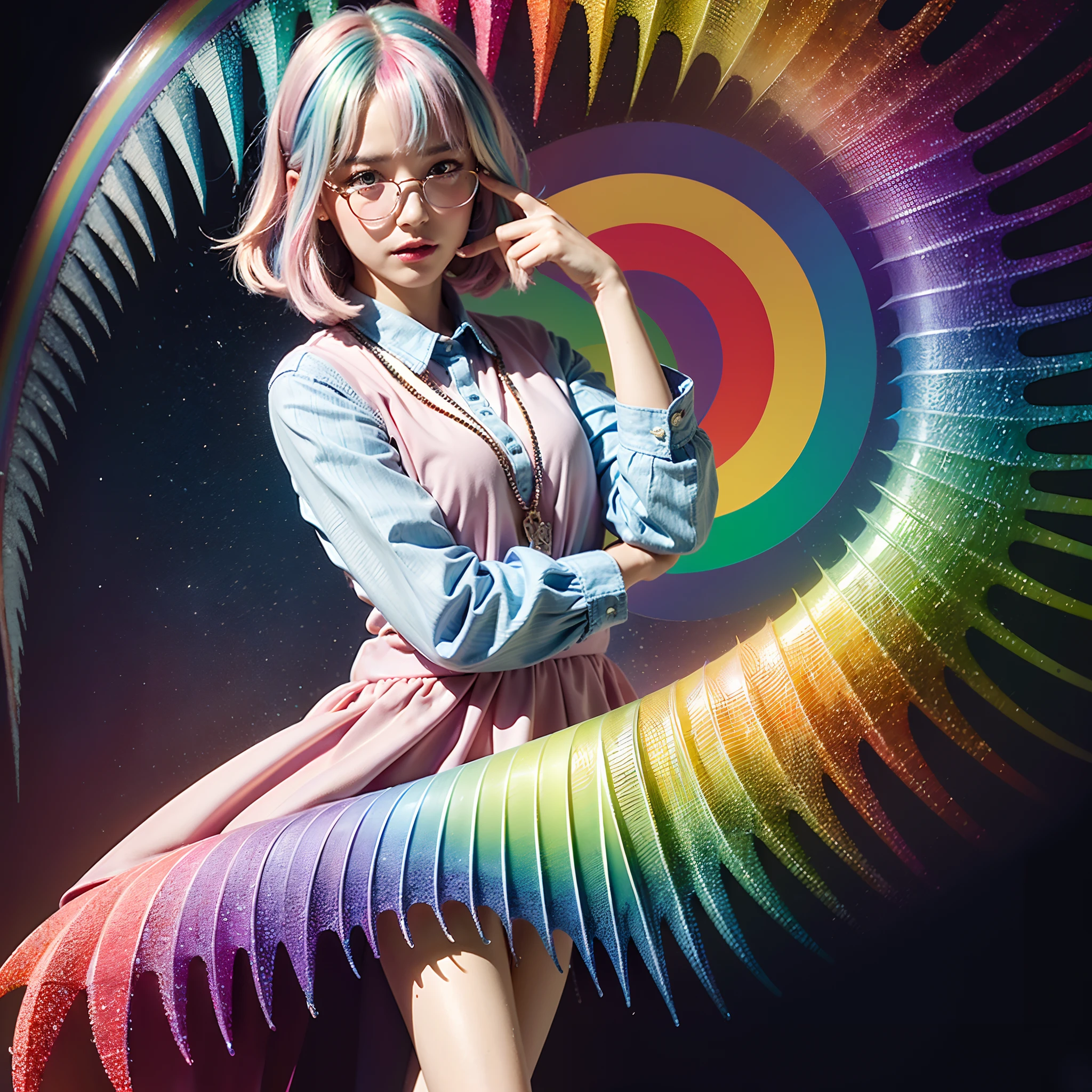 (masterpiece, highest quality, highest quality, watercolor art (pendant), official art, beautiful and aesthetic, (1.2), (1 girl: 1.3), (fractal art: 1.3), full body, star-shaped pupil, , pattern, ((iridescent hair, colorful hair, half blue and half pink hair: 1.2)), (school uniform), colorful, glasses, writing, heterochromia, (colorful: 1.5), ((rainbow sky)), sun, (embarrassed face)