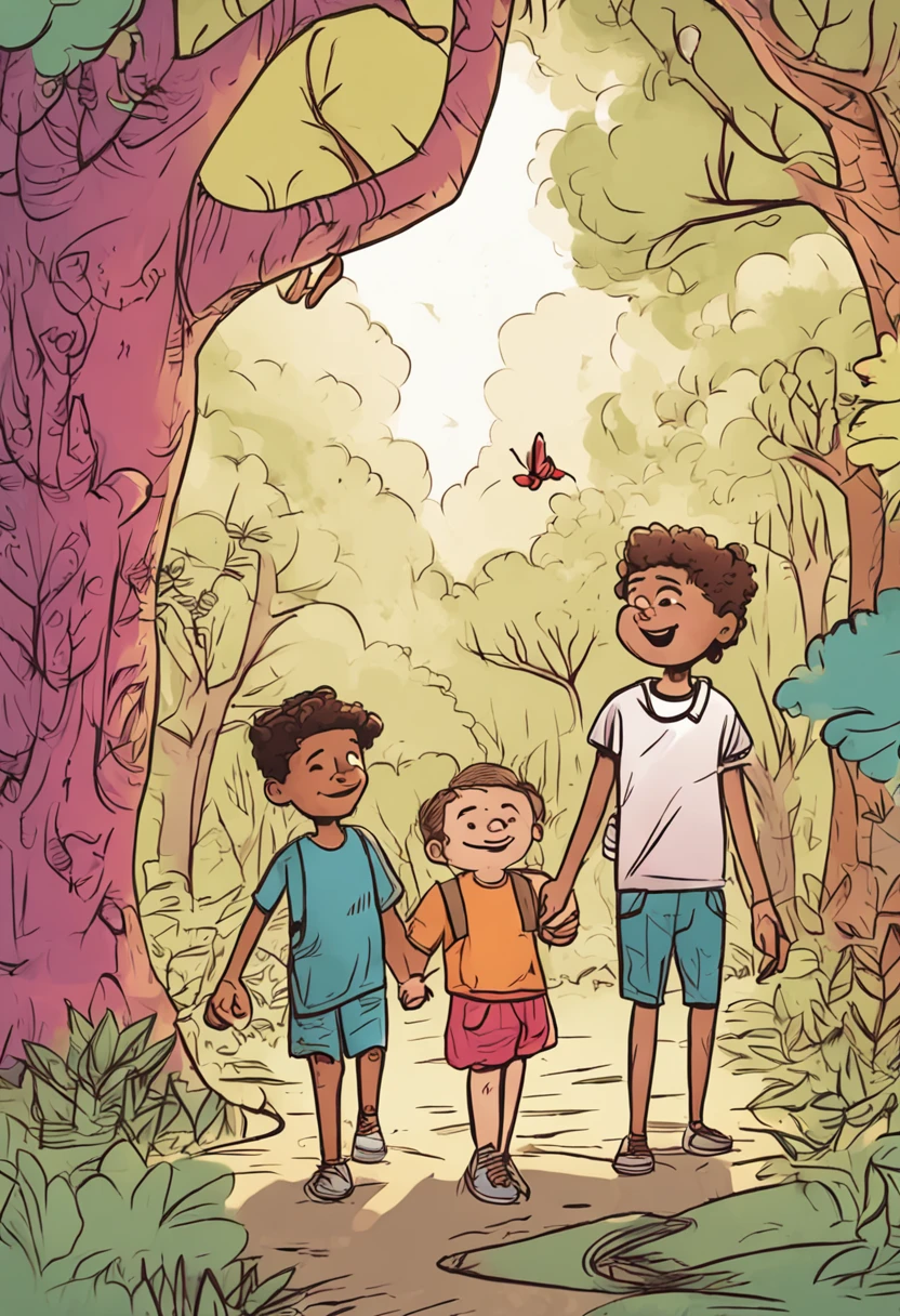 uma menino e um menino no estilo desenho , amid happy trees holding hands