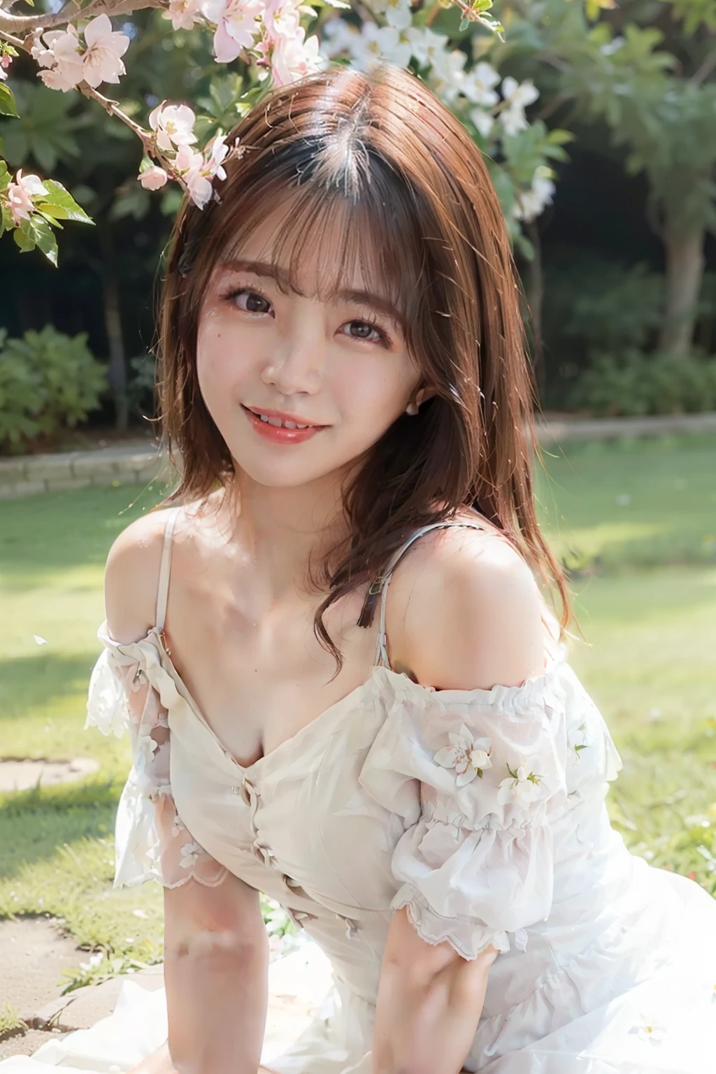 Best quality, masterpiece, ultra high res, (photorealistic:1.4), raw photo, 1girl, white dress, off shoulder, blossom flower field, glowing skin, light smile