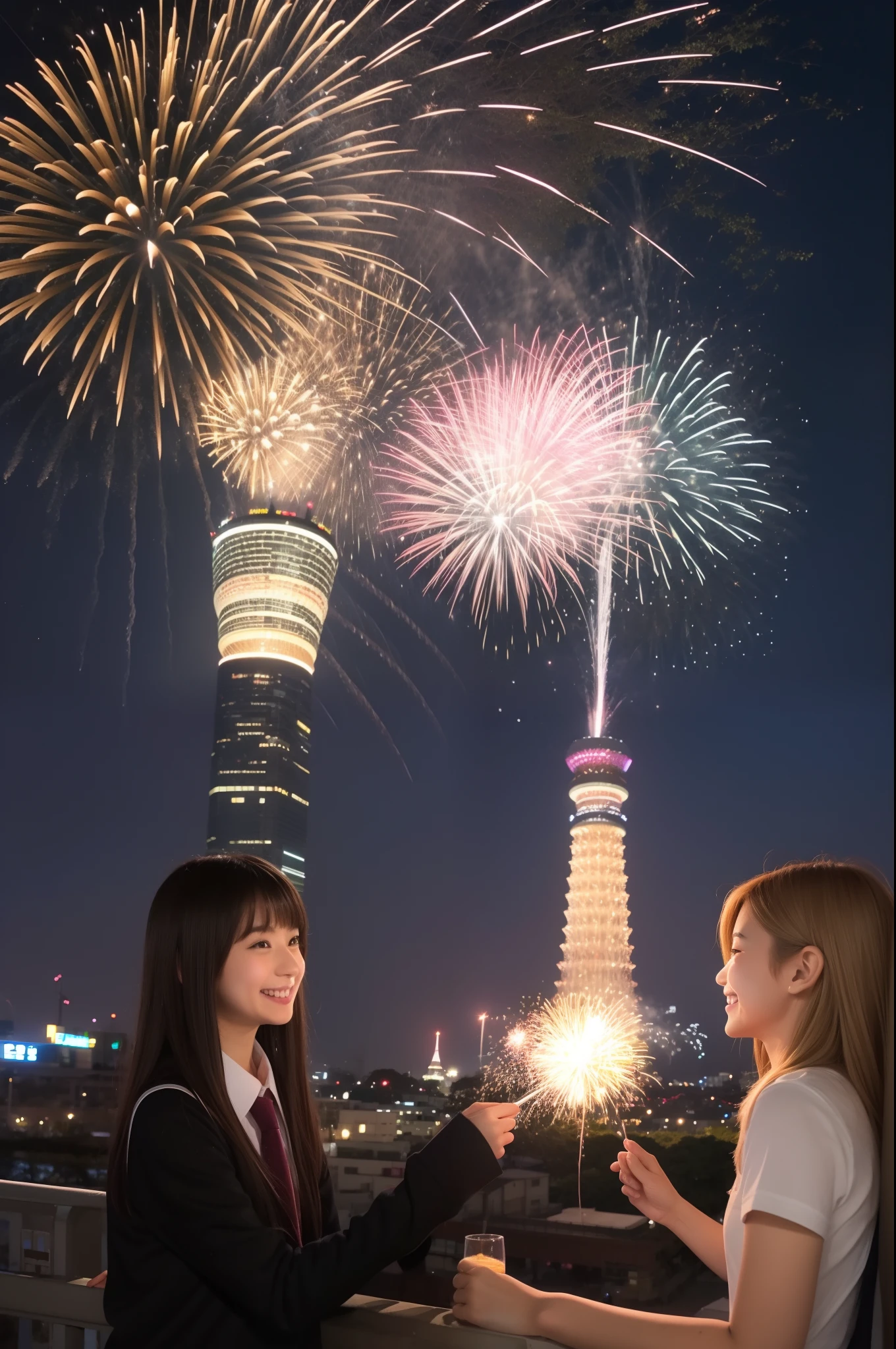 A smile、hi-school girl、校服、While doing fireworks、mare、Tokyo Skytree、cherry trees