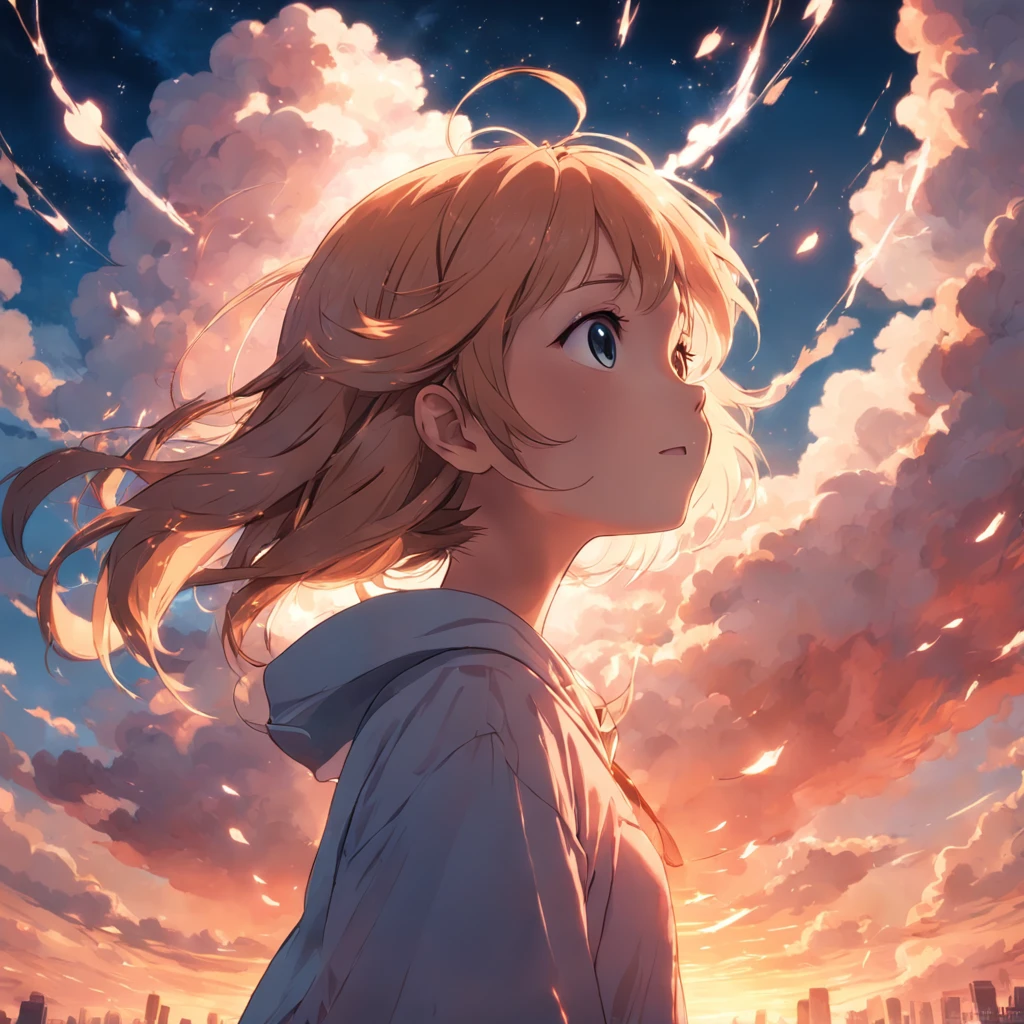 masterpiece, best quality, movie still, 1girl, cloud girl, floating in the sky, close-up, bright, happy, warm soft lighting, sunset, (sparks:0.7)