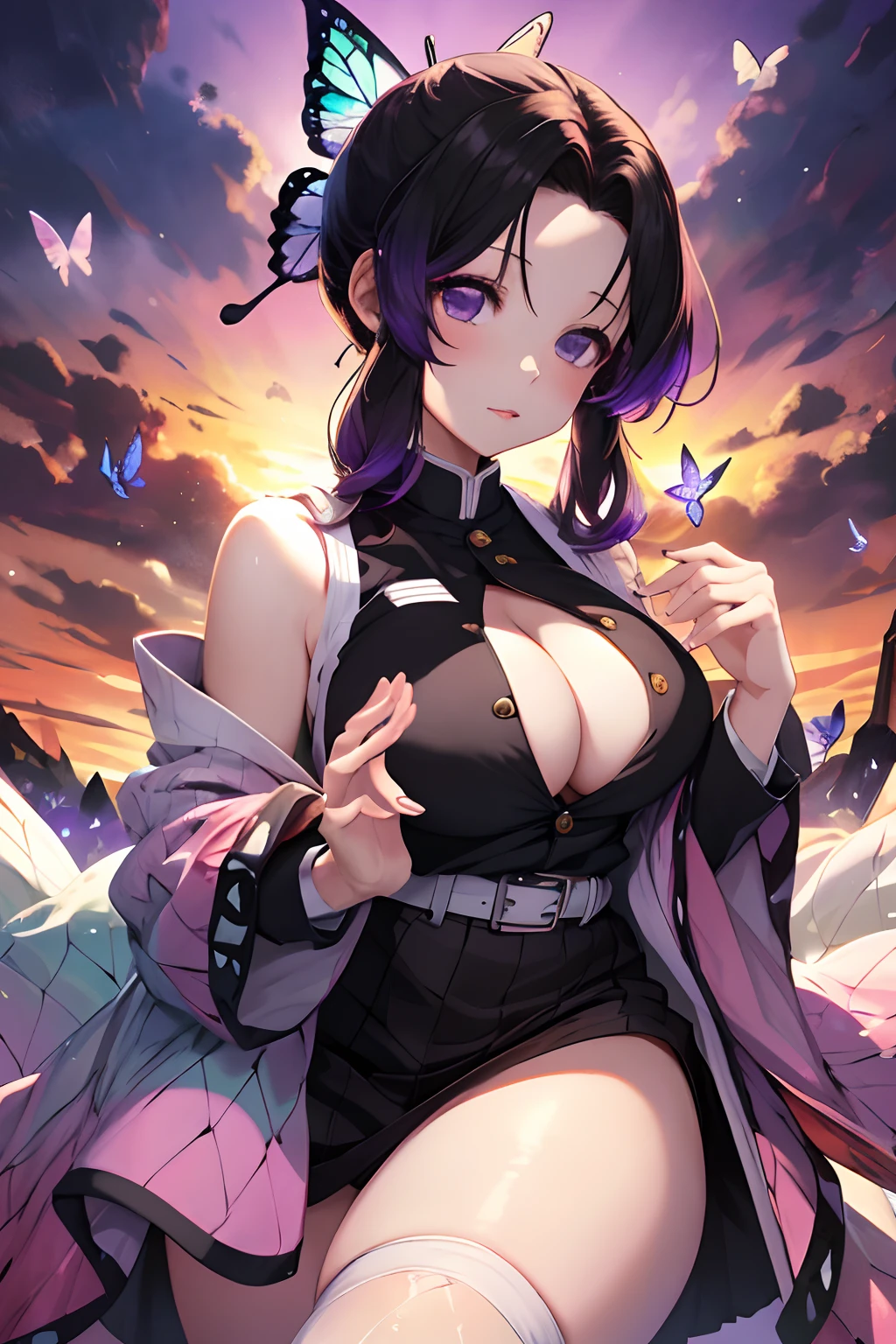 Kochou Shinobu, 1girl,masterpiece, multicolored hair,sleeveless, purple eyes, black jacket,black skirt,uniform, white haori, , multiple butterflies, , laked sunset, lens flare, perfect lighting, highest quality, hands behind, thick thighs, large breasts, big cleavage, highest quality, high resolution,nsfw