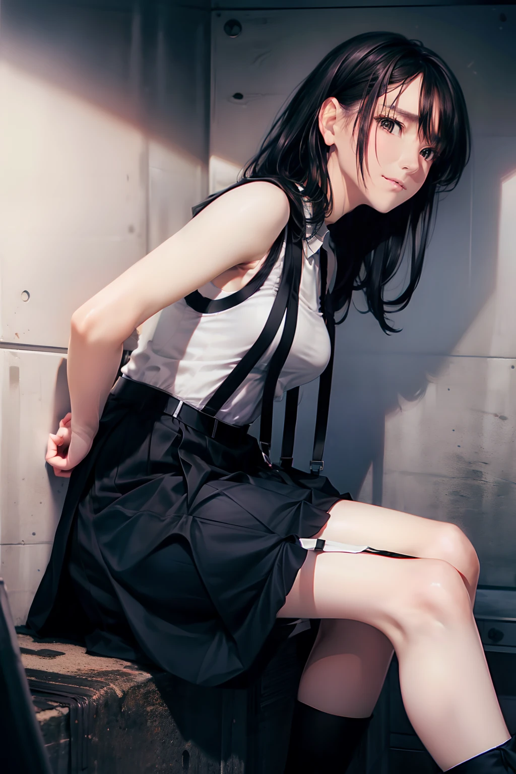 a black skirt, neck tie, Tank tops　suspenders, Long Black Hair, Gray eyes, holster, Garter belt on the legs, , Moderately breasts, Pichi Pichi clothes, both sides　deadpan　Behind　a belt