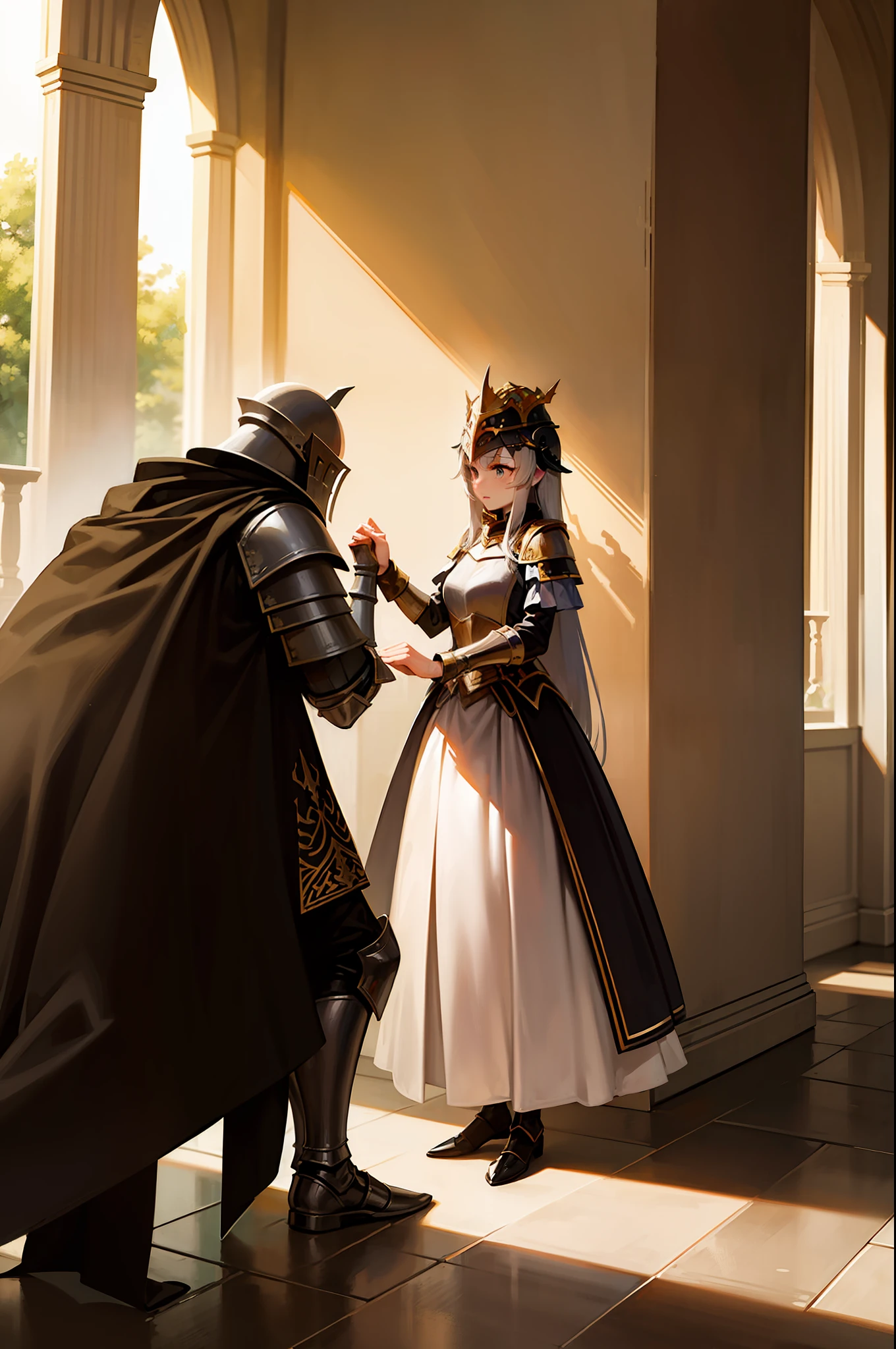 Royal Knight in armor kneeling on one knee,Princess standing up and holding out her right hand、Knight kissing the princess's hand、Castle of War、Hold the helmet in your hand