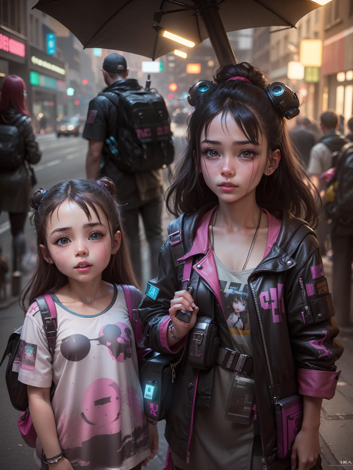 Change baground cyberpunk beautiful little girl hide chest realistic face. 8k