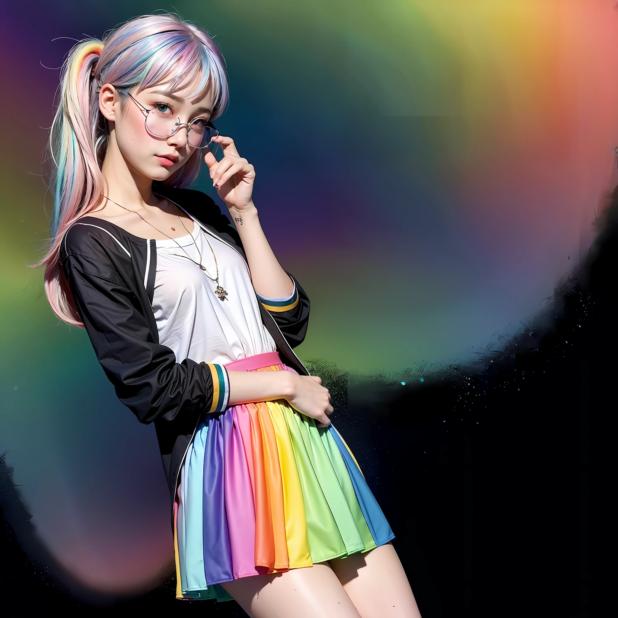 (masterpiece, highest quality, highest quality, watercolor art (pendant), official art, beautiful and aesthetic, (1.2), (1 girl: 1.3), (fractal art: 1.3), full body, star-shaped pupil, , pattern, ((iridescent hair, colorful hair, half blue and half pink hair: 1.2)), (school uniform), colorful, glasses, writing, heterochromia, (colorful: 1.5), ((rainbow sky)), sun, (embarrassed face)