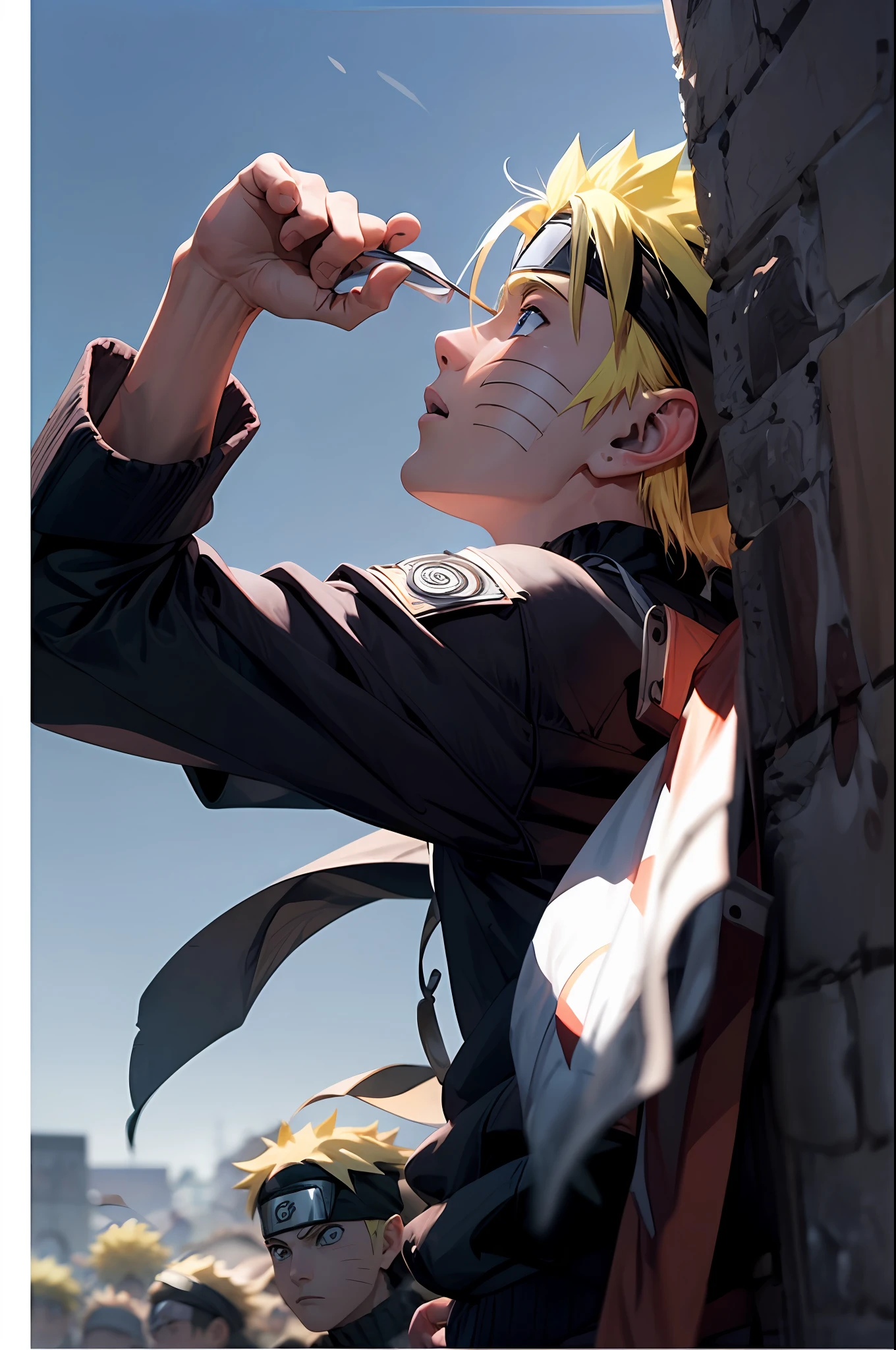 (Obra maestra, La mejor calidad), Naruto Uzumaki, 1boy with great ambition and a dream of becoming the Hokage of his village. He is looking to the sky with determination and hope., while behind him is the symbol of his clan and the face of his master Jiraiya, that taught him to believe in himself."