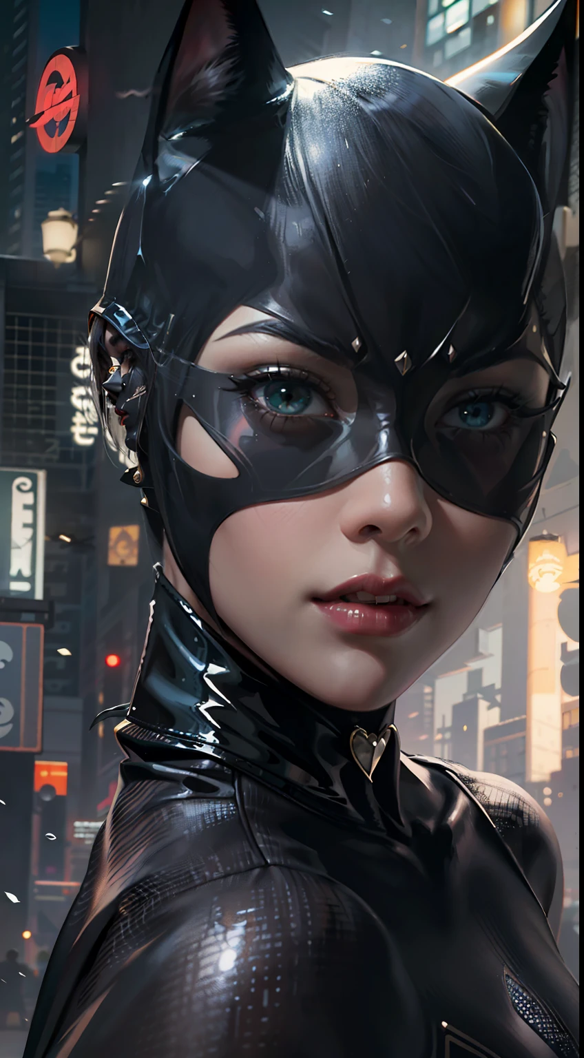 Background Gotham City，Batman Catwoman in a black suit stands in the middle of the city, Extremely detailed Artgerm, Cat woman, Catwoman, Style Artgerm, wojtek fus, cgsociety - w 1 0 2 4 - n 8 - i, IG model | Art germ,（realisticlying：1.2），（hentail realism），（tmasterpiece：1.2），（best qualtiy），（Hyper-detailing），（8K，4K，复杂），（full body shot shot：1），（85mm），Particle light，illuminating，（high detal：1.2），（Detailed face：1.2），largeeyes，beautiful goddess woman，putting makeup on，s the perfect face，Perfect lighting，1girll，DC Super Hero Movie，Catwoman in Batman，neko girl，brunette color hair，（Catwoman Selina Kyle），short detailed hair，（Hands stretch out sharp claws），Death glow，Serious look， cat paws，Hand with long claws outstretched，The whole body is wrapped in a fur coat，tight leather clothes，Sexy set，（Openwork onesies），high-heels，Thin waist and thick hips，long leges，huge boob，（Glowing skin），Glowing skin，The wind blows to the top，White aura of power，green pupills，Gravel background，Broken ground，Full moon in downtown Gotham，（finelydetailedskin：1.3），cinematric light，edge lit，超高分辨率，Best shadow，delicated，octanerender，unreal-engine，Stroll through the high-rise buildings of Gotham City，Fighting posture，