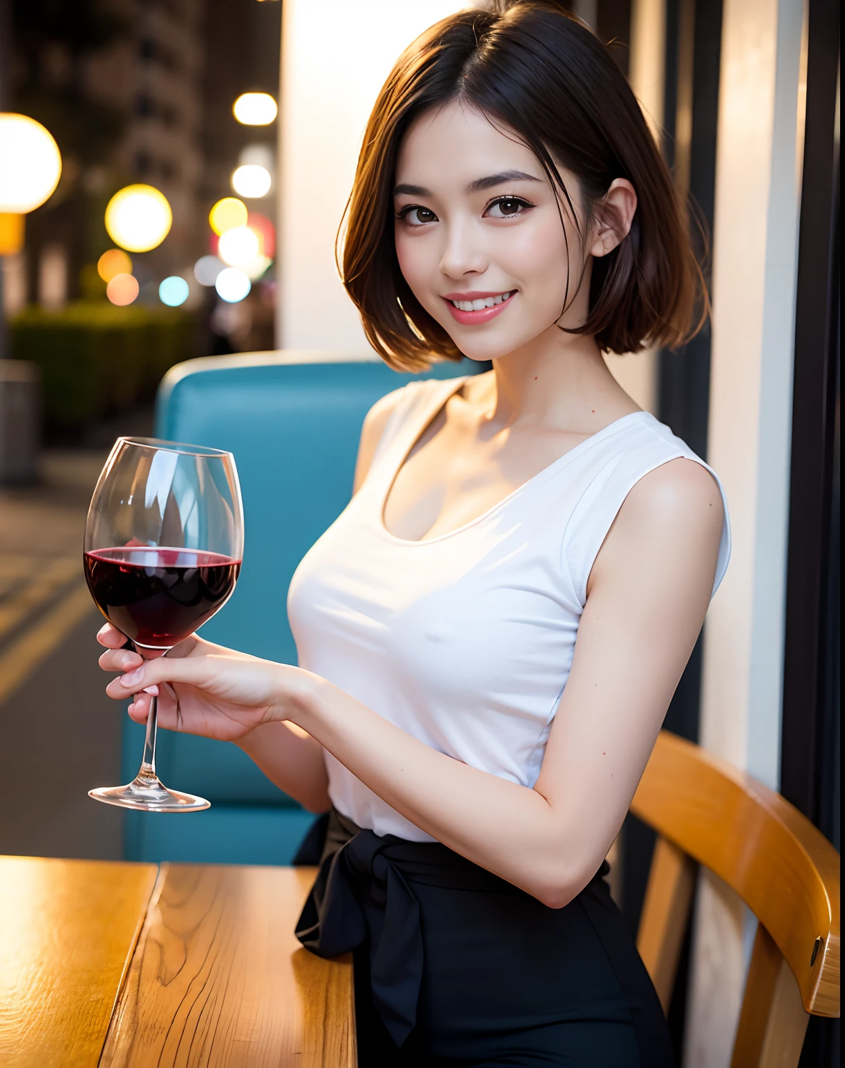 (64K, UHD, top quality, masterpiece: 1.2), (realistic, photorealistic: 1.37), super detailed, pretty woman 1 person, (slim face), (slim body), (brown hair), (short cut), cheeks slightly blushing, (44 years old), 38 years old, solo, beautiful detailed urban night view outside the window, restaurant, wine glasses sit, at night, in a prominent placeNovaFrogStyle, Actress, Model, Waist Up, White Wine, Slim, Wine Glass, Super Clean Night View, Wine Glass Put in the Middle, Happy Smile, (Smile: 1.15), Beautiful Fine Eyes, Upper Body, Bust Japan Up, Night, Short, Short, Actress, Model, Waist Up, White Wine, Slim, Wine Glass, Super Clean Night View, Wine Glass Put in the Middle, Happy Smile,
