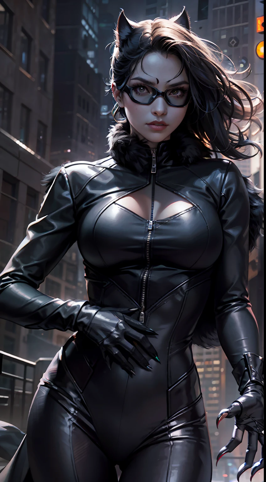 Background Gotham City,Batman Catwoman in a black suit stands in the middle of the city, Extremely detailed Artgerm, Catwoman, Catwoman, Style Artgerm, wojtek fus, cgsociety - w 1 0 2 4 - n 8 - i, IG model | Art germ,(realisticlying:1.2),(hentail realism),(tmasterpiece:1.2),(best qualtiy),(Hyper-detailing),(8K,4K,复杂),(full body shot shot:1),(85mm),Particle light,illuminating,(high detal:1.2),(Detailed face:1.2),largeeyes,beautiful goddess woman,putting makeup on,s the perfect face,Perfect lighting,1girll,DC Super Hero Movie,Catwoman in Batman,neko girl,brunette color hair,(Catwoman Selina Kyle),short detailed hair,(Hands stretch out sharp claws),Death glow,Serious look, cat paws,Hand with long claws outstretched,The whole body is wrapped in a fur coat,tight leather clothes,Sexy set,(Openwork onesies),high-heels,Thin waist and thick hips,long leges,medium boob,(Glowing skin),Glowing skin,The wind blows to the top,White aura of power,green pupills,Gravel background,Broken ground,Full moon in downtown Gotham,(finelydetailedskin:1.3),cinematric light,edge lit,超高分辨率,Best shadow,delicated,octanerender,unreal-engine,Stroll through the high-rise buildings of Gotham City,Maintain a fighting stance,