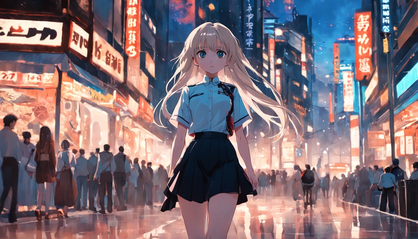 best qualtiy,tmasterpiece,k hd,1girll,(Full body in camera),Walking down the street,White color blouse,black short skirt,((From the side Side)),Detailed scenes, Beautiful digital illustration, the detail,Hyper-detailed