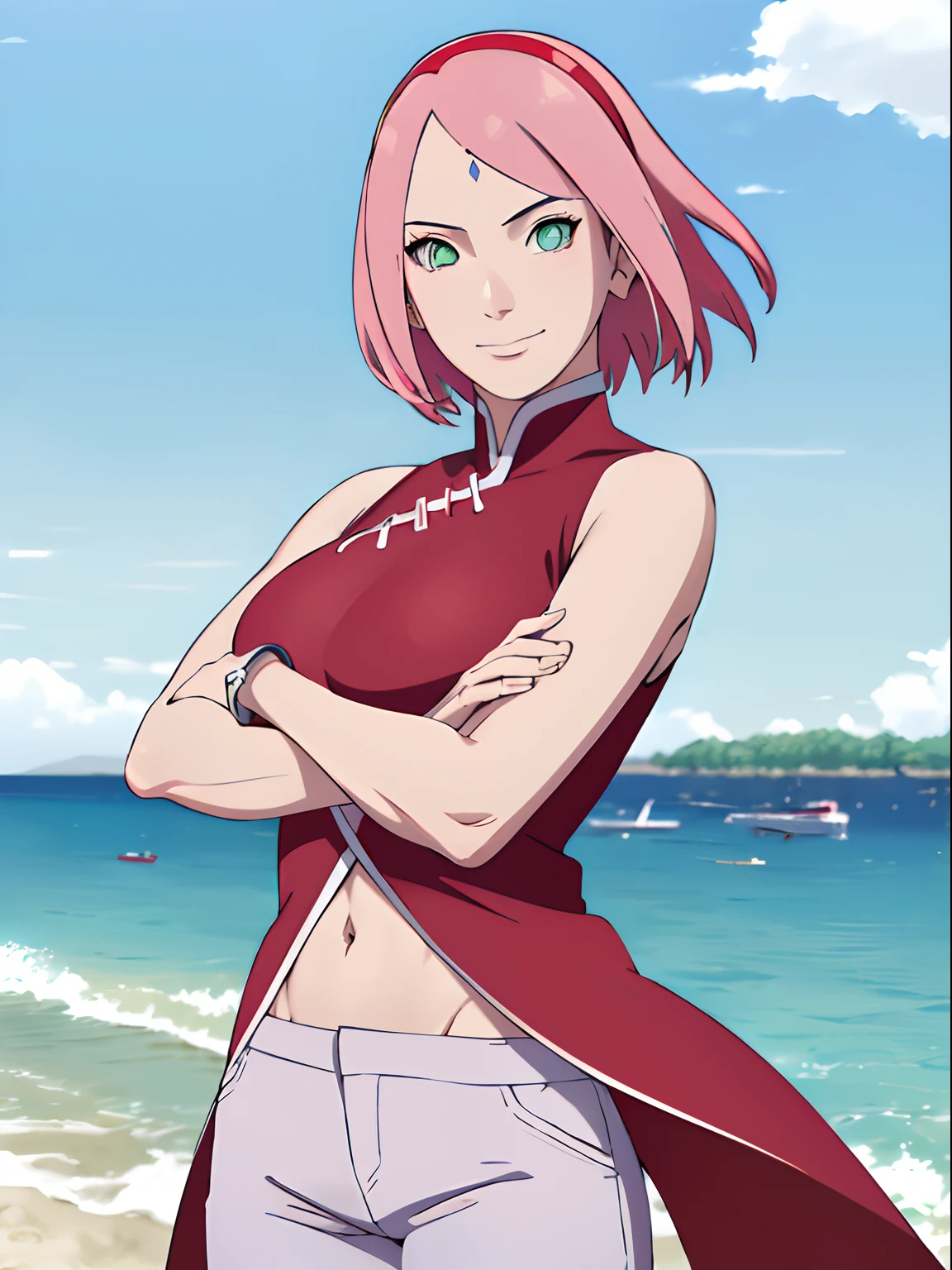 (masterpiece, 1k, anime style, hand drawing, vector coloring, portrait, face shot, professional artwork, detailed beach background, intricate details, colorful, bold drawing lines), (ultra detailed body, ultra detail hair, ultra detail face), trending on pixiv, kind smile, very hot color, best quality, 1girl, hires, haruno sakura, contrasty lighting, (forehead mark, milf, red hairband, pale skin, short hair, ((red sleeveless dress), white pants), navel, groin, bracelet, looking at viewer, crossed arms, pink hair, green eyes, smile, beach, wind, floating hair, detailed arms, off-shoulders, muscular arms, standing), sunnyday
