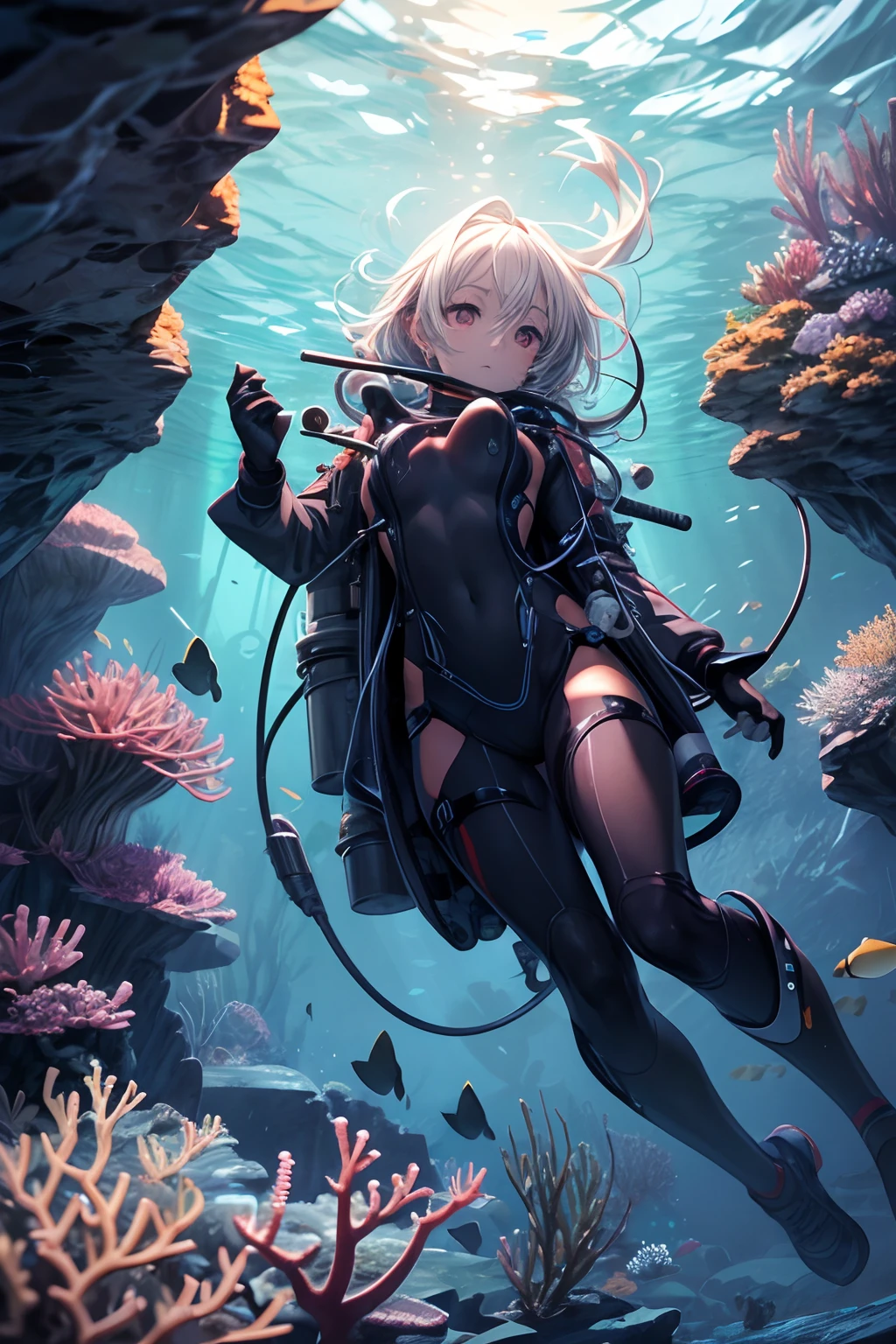 (masterpiece, best quality, beautiful anime art:1.4) submarine, underwater_view, 1girl, full_body_shot, determined_expression, holding_steering_wheel, submarine_window_view, dimly_lit, blue_theme, monochrome, underwater_caves, sunken_shipwreck, bubbles, ray_of_light, mysterious, serene, diving_suit, oxygen_tank, tied_back_hair, goggles, glowing_eyes, periscope, gauges, control_panels, nuclear_submarine, torpedoes, sonar_equipment, metal_walls, porthole_windows, schools_of_fish, coral_reef, ocean_exploration, deep_sea_adventure, hidden_treasures, aquatic_environment, cinematic light, (sharp focus:1.6), highly detailed, ultra realistic, 8k