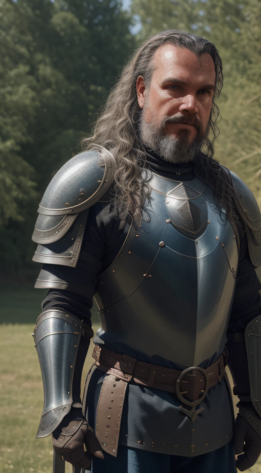 close-up, Man (knight, near a castle), looking at viewer, wearing (cuirass, gorget, pauldron, couter, vambrace, gauntlets, cuisses, greaves, sabatons, poleyn, tasses, plackard, rerebrace, breastplace, faulds, scabbard, gardbrace, shoulder armor), HDR