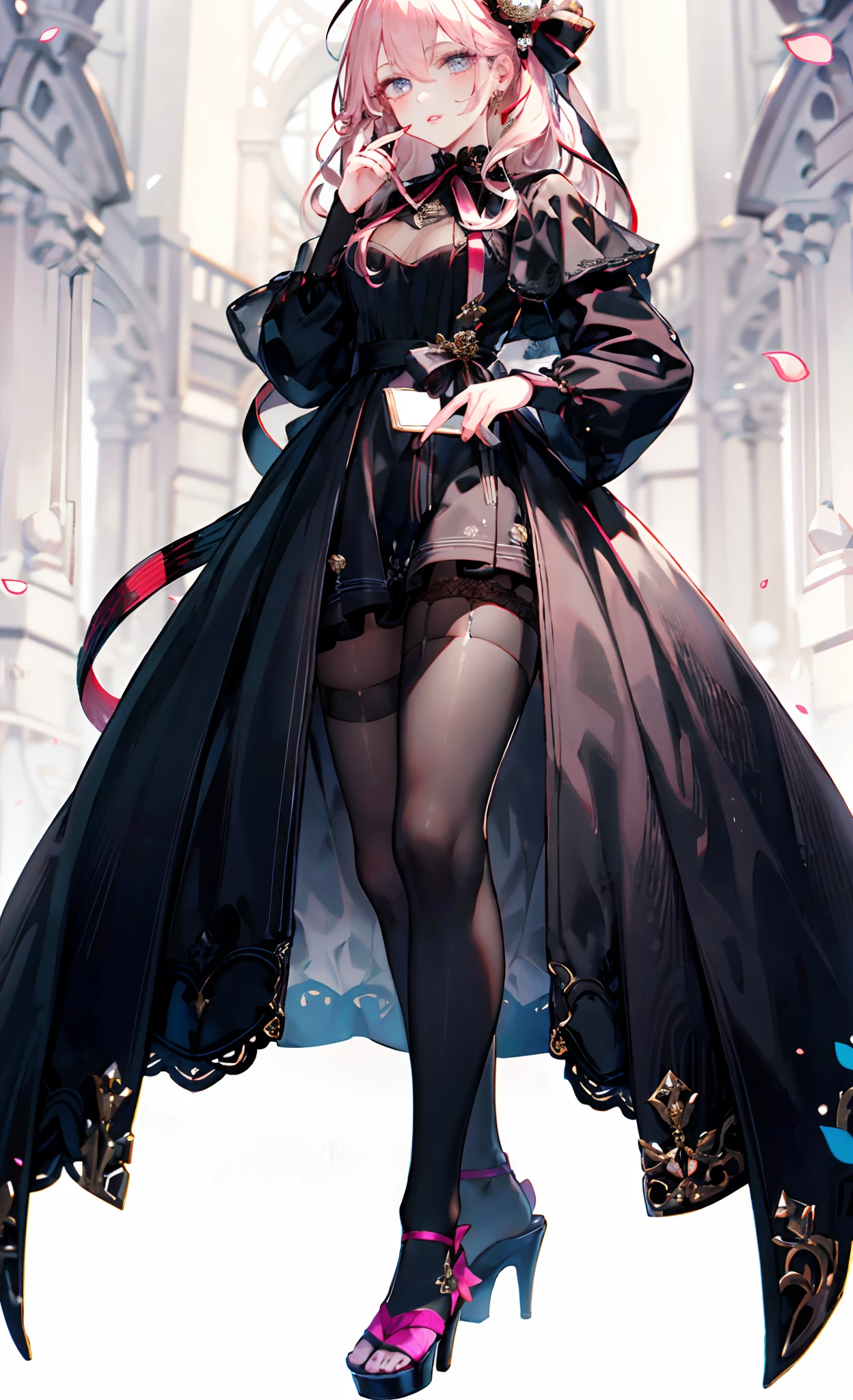 (Masterpiece, Best quality, High quality:1.4), Professional artwork, Intricate details, Field of View, Sharp focus, Detailed painting, Masterpiece, Cinematic lighting, trending on pixiv, (Vivid lighting, Vibrant colors, author:Nagasawa rose:1.05), (,A MILF:1.1), Solo, (Curvy:1.1), standing, (Full body shot:1.1),
(Red hair:1.05), Long hair, High ponytail, lipstick, Makeup, Ultra Detail Hair, Ultra Detail Face, (Purple eyes:1.05), Perfect eyes, Perfect face, (Confused, Blush:1.2), (black thighhigns, a garter belt:1.1), Pleated skirt, White shirt, high-heels,
(Large breasts:1.1), cleavage, Big ass, Thighs,light pink medium length hair,Hinamori Yamon