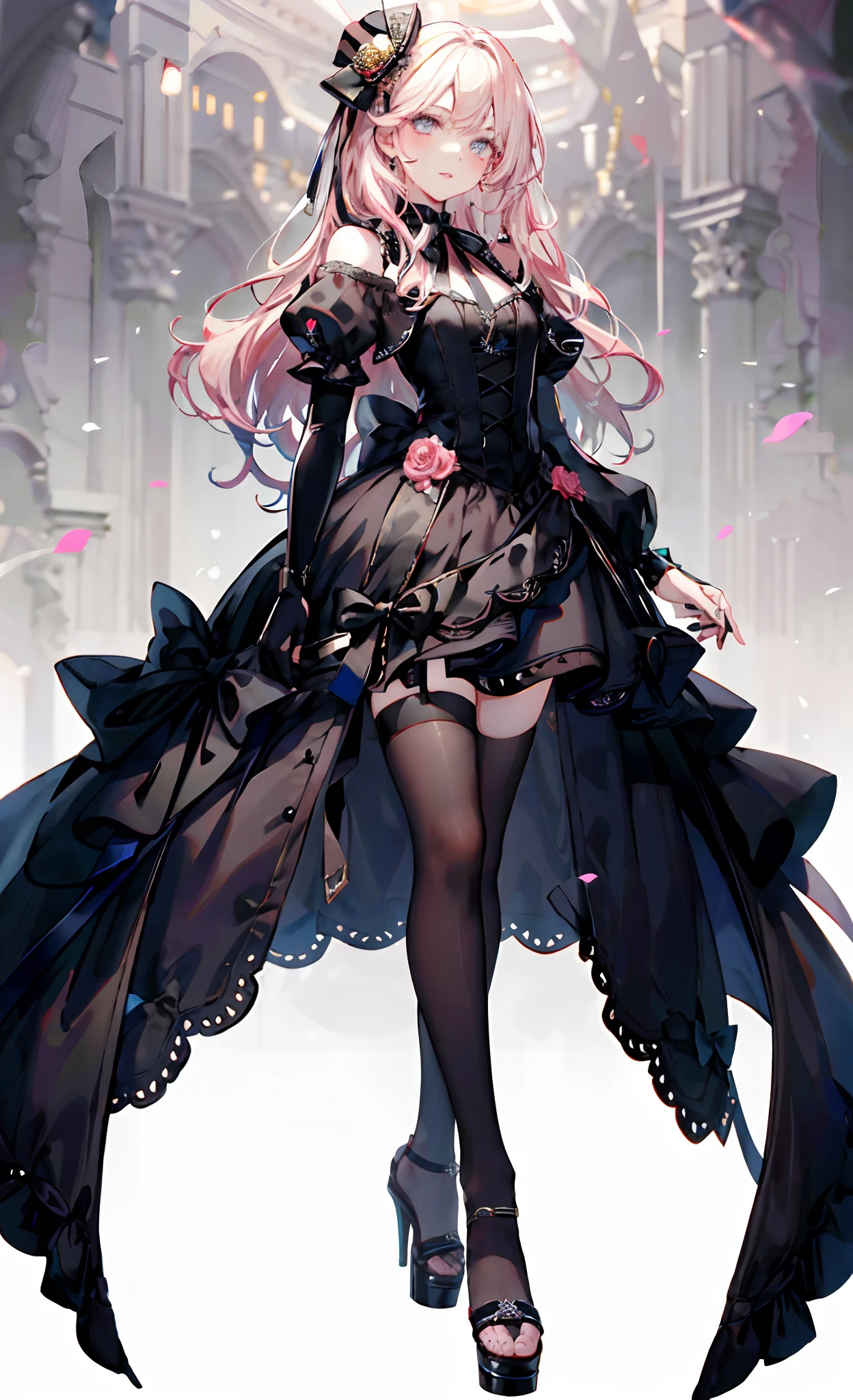 (Complete head:1.9),meticulous portrayal of face,1 noblewoman,a matural female,Black dress long dress,(black lence stockings+),(High-heeled ribbon sandals),(Black stocking feet),Pink White Long Hair,Prom background, Perfect body, s the perfect face, perfect hand, Perfect Finger, Perfect lips, perfect eyes, Perfect background