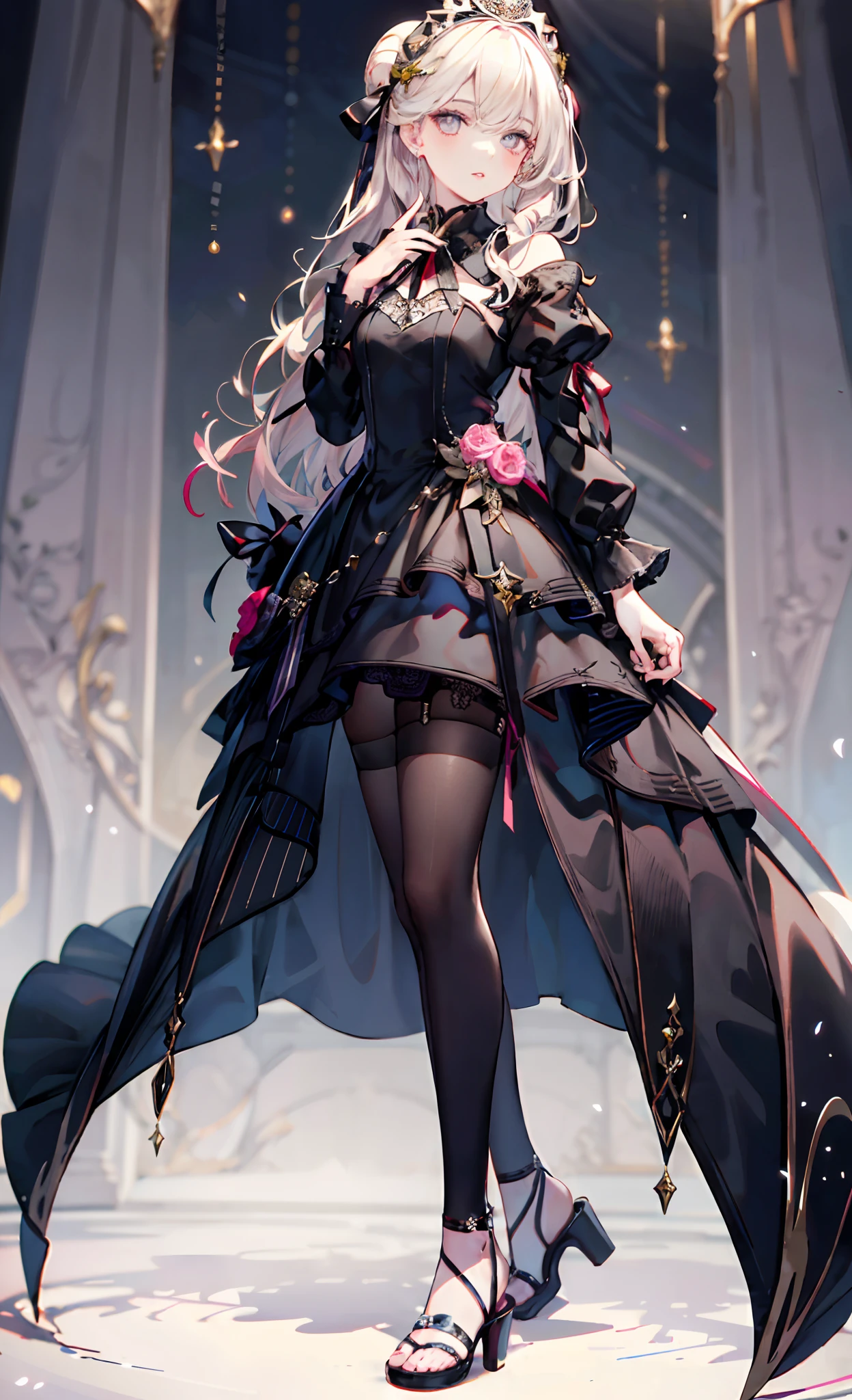 (Complete head：1.9)，meticulous portrayal of face，1 noblewoman，a matural female，Black dress long dress，(black lence stockings+)，(High-heeled ribbon sandals)，(Black stocking feet)，Pink White Long Hair，Prom background， Perfect body， s the perfect face， perfect hand， Perfect Finger， Perfect lips， perfect  eyes， Perfect background