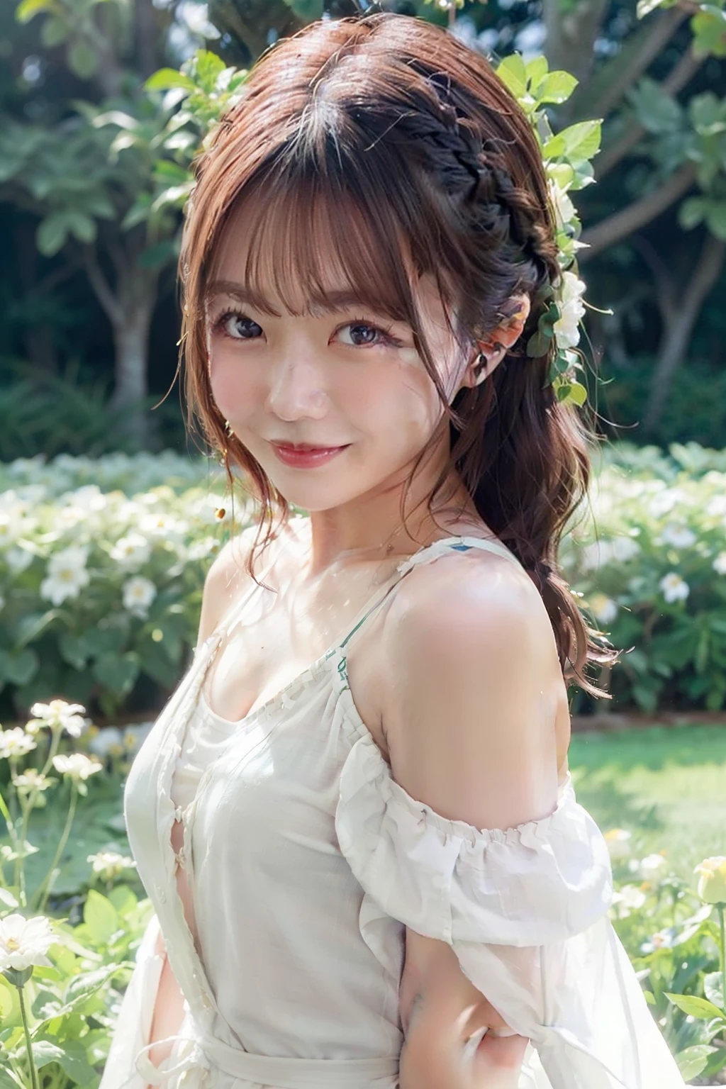 top-quality、masterpiece、超A high resolution、(Photorealsitic:1.4)、Raw photo、女の子1人、robe blanche、off shoulders、flower field、glistning skin、Light smile、Braided hair、Floating hair