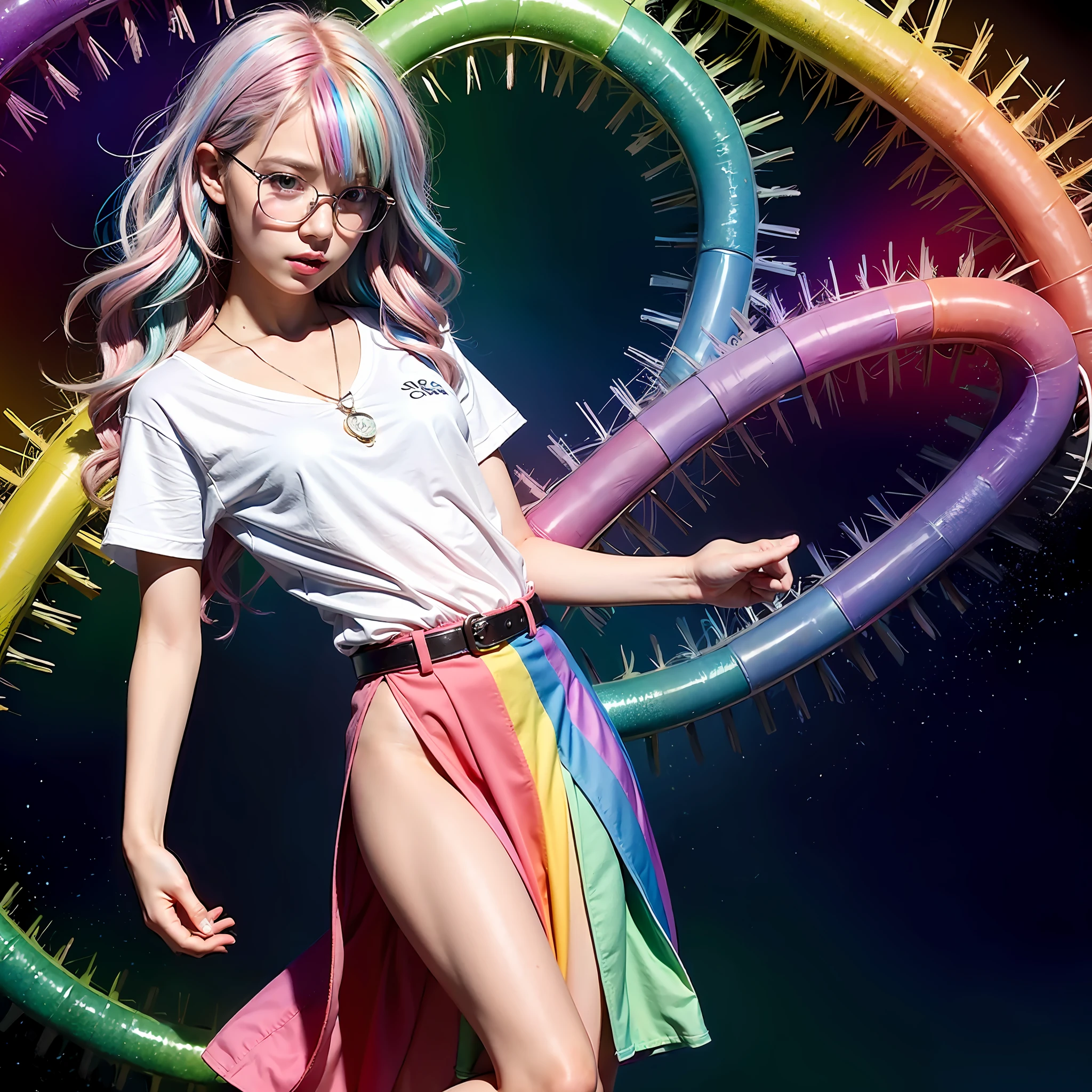 Araffe girl with rainbow hair and a white shirt and a skirt - SeaArt AI