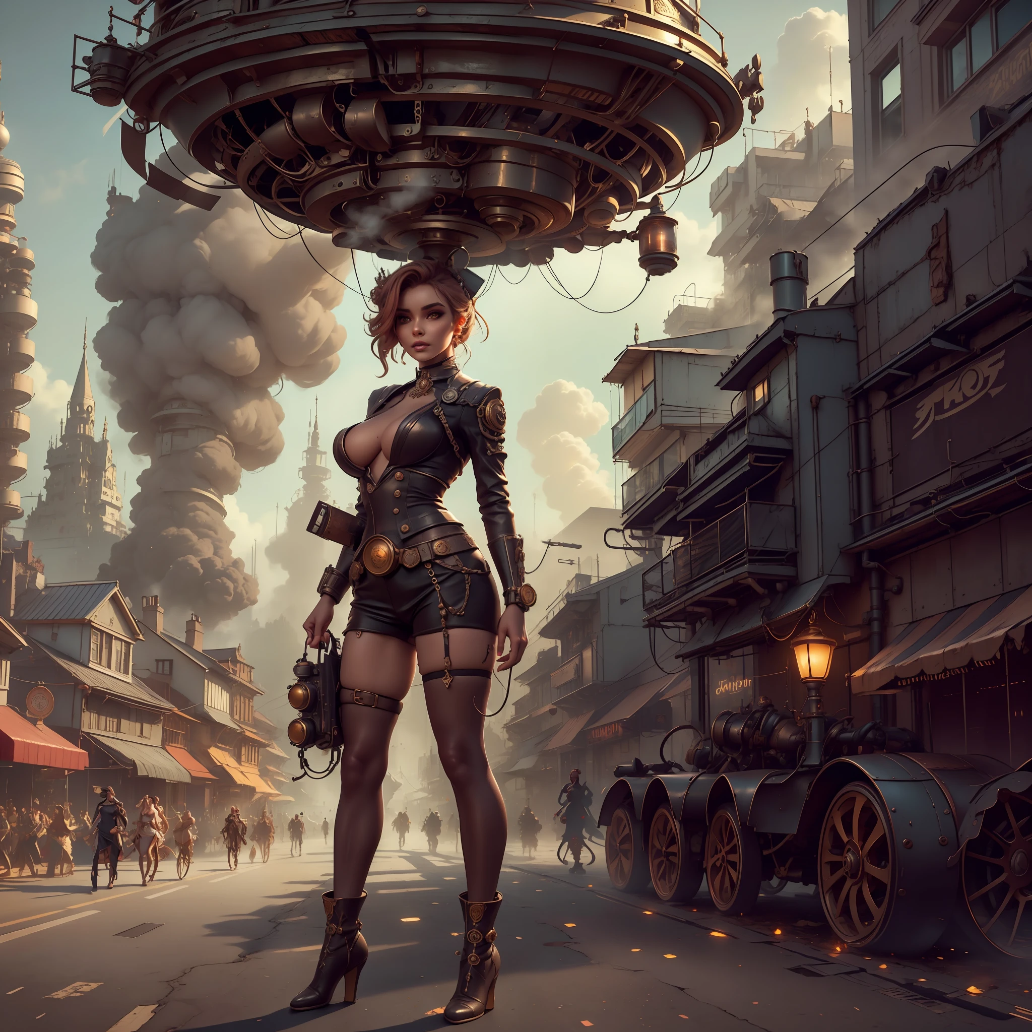 There's a sexzy Russian busty 1woman with friends,street punk, standing with Steam punk Helicopter,dusky skin, with muscled body,less dress,Royal look, steampunk + cyperpunk urban city, sexzy full body view top to bottom, standing in backview turning camera, random camera angle ,dark smoke fog background,street punk digital, , Wojtek FUS, arte digital street punk, detailed wild street punk illustration, Portrait of a gold and copper mechanical woman, arte street punk, sci-fi street punk,sexy beautiful face, doe shape eyes, full lips. slim body, breathtaking beauty, vibrant, comprehensive cinematic, 8k, cinematic lighting, best quality, 4k