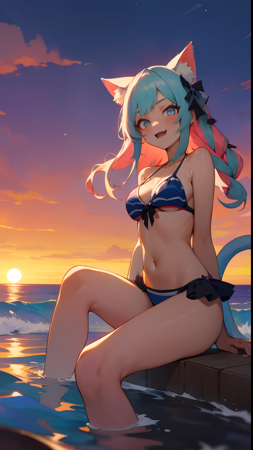 Obra-prima,Comfortable cute short girl to sit,Cat ears,fang,Detailed eyes,Two-Tone eyes,Purple turquoise gradient eyes,Curta,White and fluffy hair,Garland bikini,Ruffles,exteriors,horizon,Skysky,the ocean,water world,wave,ripples,the sunset。Two-Tone eyes,Garland bikini,Cat tail,Cat tail,Cat tail,mediuml breasts