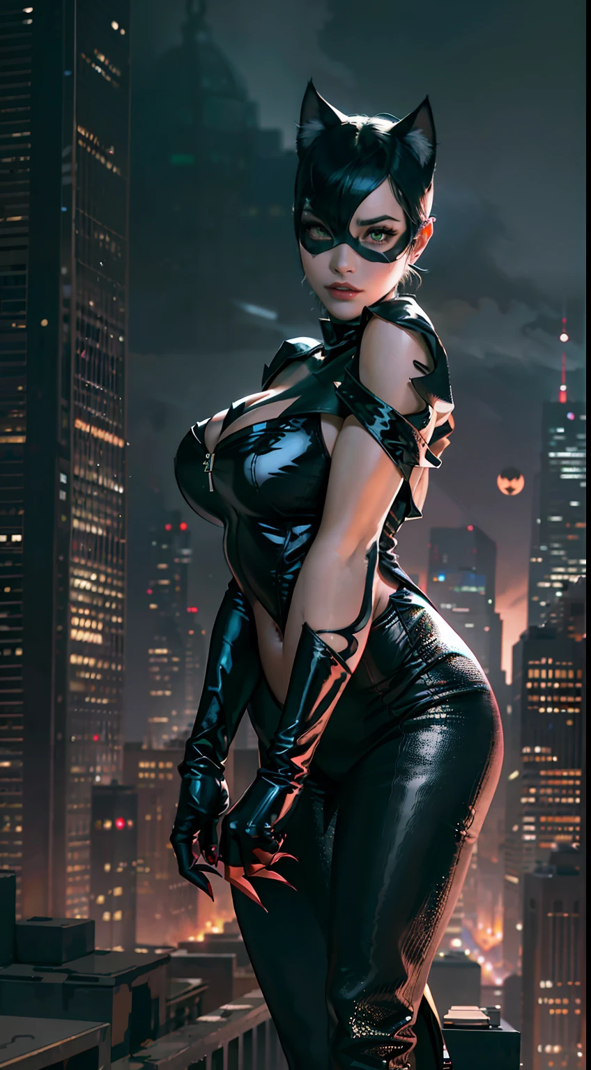 Background Gotham City，Batman Catwoman in a black suit stands in the middle of the city, Extremely detailed Artgerm, Catwoman, Catwoman, Style Artgerm, wojtek fus, cgsociety - w 1 0 2 4 - n 8 - i, IG model | Art germ,（realisticlying：1.2），（hentail realism），（tmasterpiece：1.2），（best qualtiy），（Hyper-detailing），（8K，4K，复杂），（full body shot shot：1），（85mm），Particle light，illuminating，（high detal：1.2），（Detailed face：1.2），largeeyes，beautiful goddess woman，putting makeup on，s the perfect face，Perfect lighting，1girll，DC Super Hero Movie，Catwoman in Batman，neko girl，brunette color hair，（Catwoman Selina Kyle），short detailed hair，（Hands stretch out sharp claws），Death glow，Serious look， cat paws，Hand with long claws outstretched，The whole body is wrapped in a fur coat，tight leather clothes，Sexy set，（Openwork onesies），high-heels，Thin waist and thick hips，long leges，medium boob，（Glowing skin），Glowing skin，The wind blows to the top，White aura of power，green pupills，Gravel background，Broken ground，Full moon in downtown Gotham，（finelydetailedskin：1.3），cinematric light，edge lit，超高分辨率，Best shadow，delicated，octanerender，unreal-engine，Stroll through the high-rise buildings of Gotham City，Maintain a fighting stance，