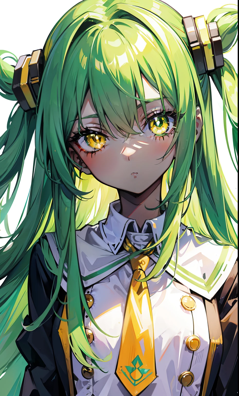 Long green hair，Symmetrical six eyes grow on the face，Royal yellow pupils，Glow brown skin，in school uniform，It's a pretty cute weird little girl