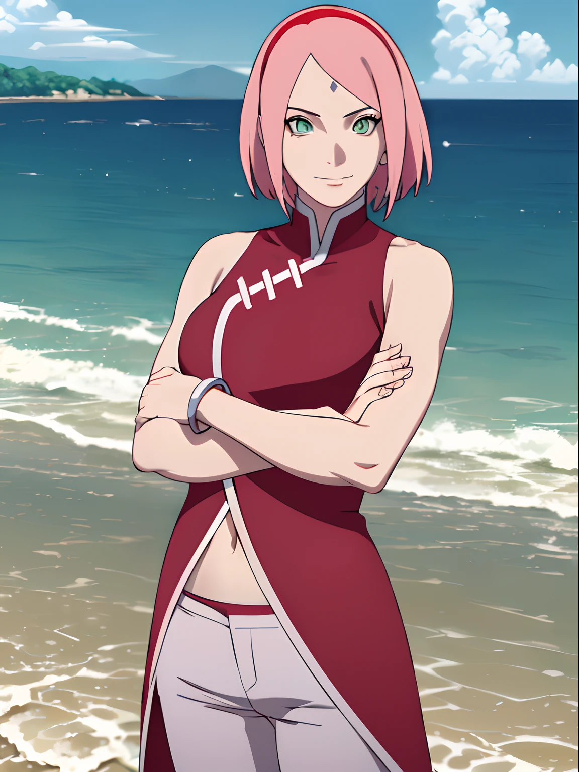 (masterpiece, 1k, anime style, hand drawing, vector coloring, portrait, face shot, professional artwork, detailed beach background, intricate details, colorful, bold drawing lines), (ultra detailed body, ultra detail hair, ultra detail face), trending on pixiv, kind smile, very hot color, best quality, 1girl, hires, haruno sakura, contrasty lighting, (forehead mark, milf, red hairband, pale skin, short hair, ((red sleeveless dress), white pants), navel, groin, bracelet, looking at viewer, crossed arms, pink hair, green eyes, smile, beach, wind, floating hair, detailed arms, off-shoulders, muscular arms, standing), sunnyday